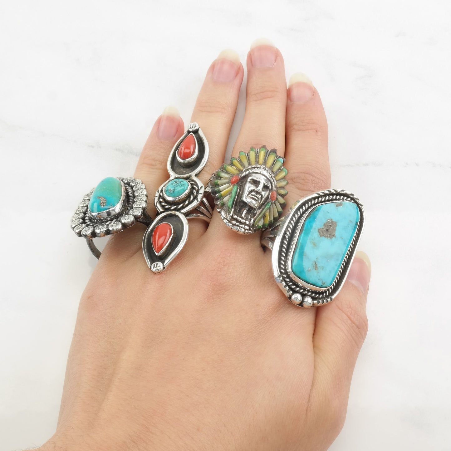 Vintage Native American Silver Ring Coral, Turquoise Shadowbox Sterling Red, Blue Size 6