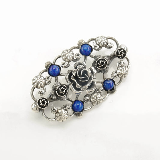 Rose Brooch, Floral, Lapis Lazuli Sterling Silver