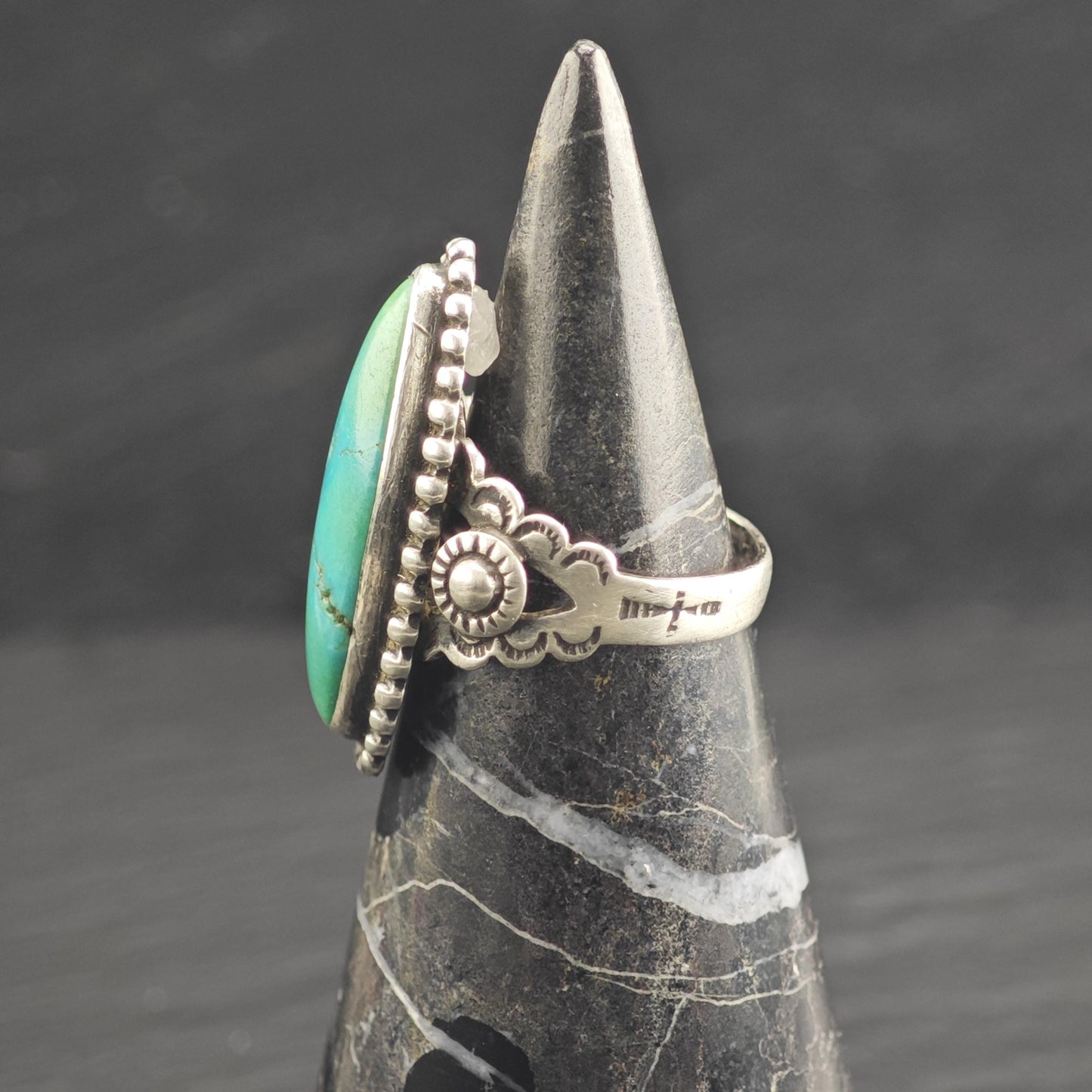 Vintage Native American Green Blue Turquoise Stamped Band Sterling Silver Ring Sz 6 1/2 R6661