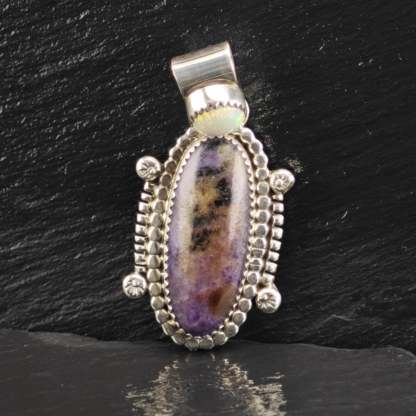 Vintage Running Bear Sugilite Lab Opal Pendant Sterling Silver P3056