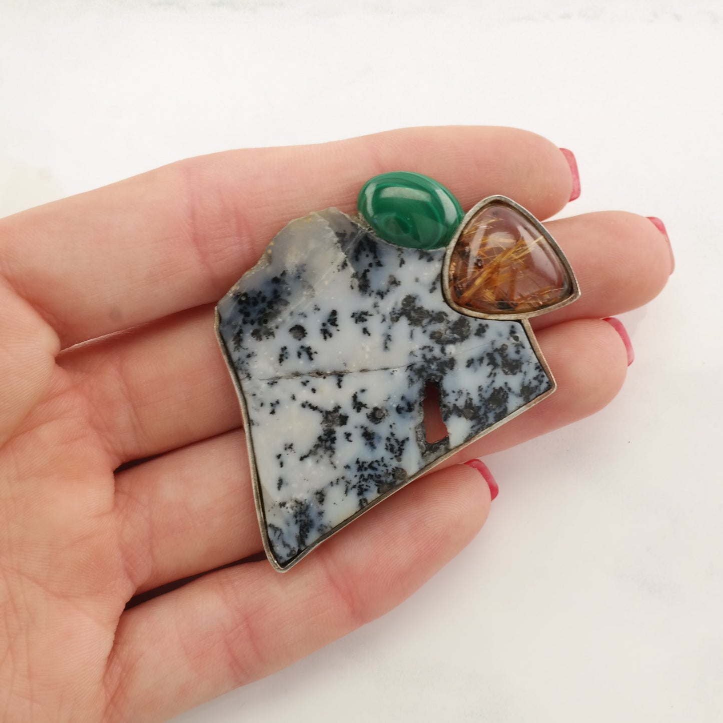 Sterling Silver Brooch Dendric Agate Malachite Rutile Quartz