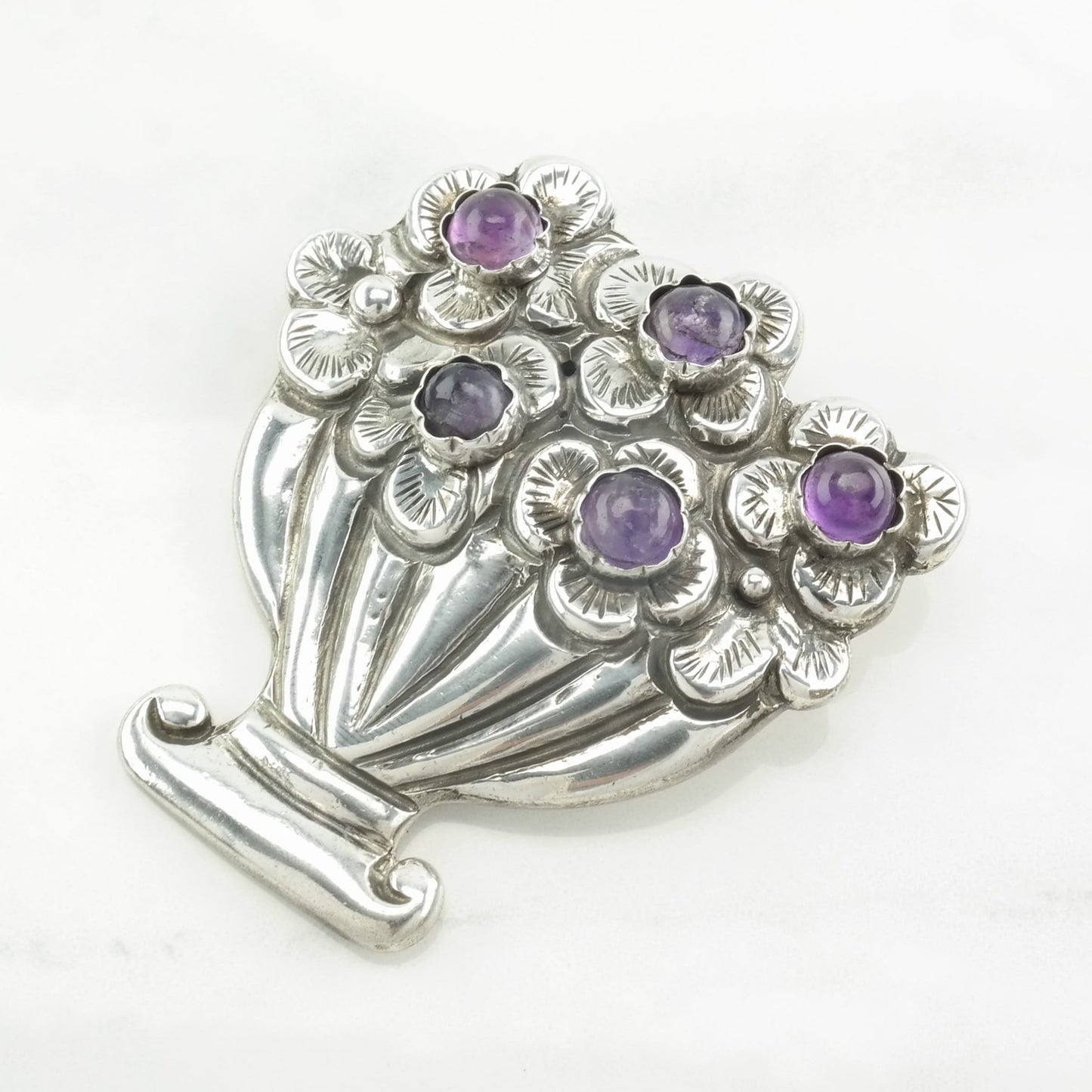 Taxco Sterling Silver Brooch Flower Basket Amethyst