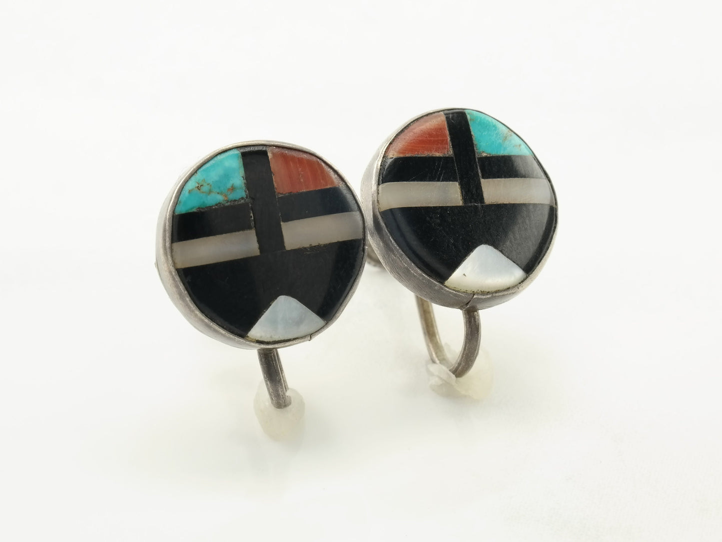 Native American Sterling Silver Multi Gem Inlay Earrings Screw Back