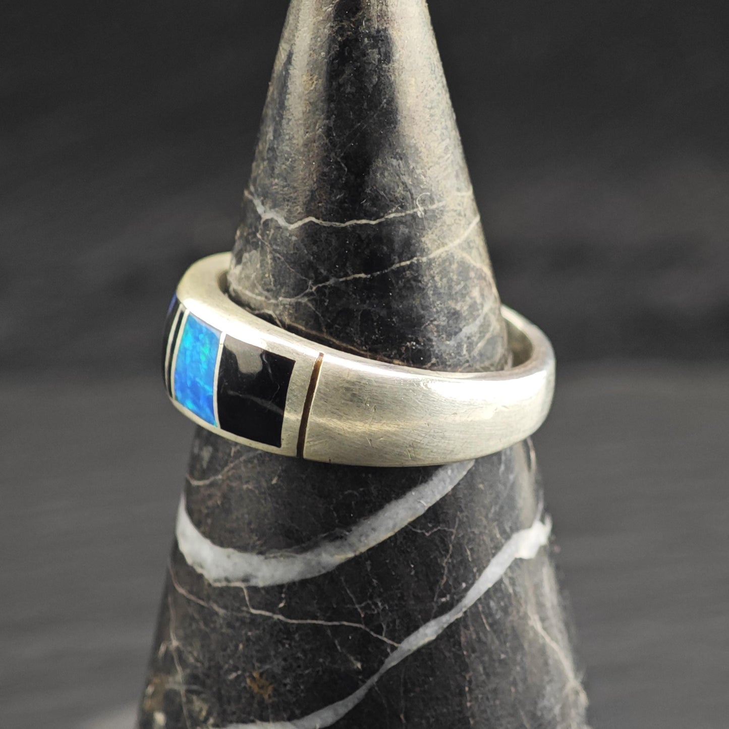 Vintage Lap Opal & Onyx Inlay Sterling Silver Ring Sz 9 3/4 R6633