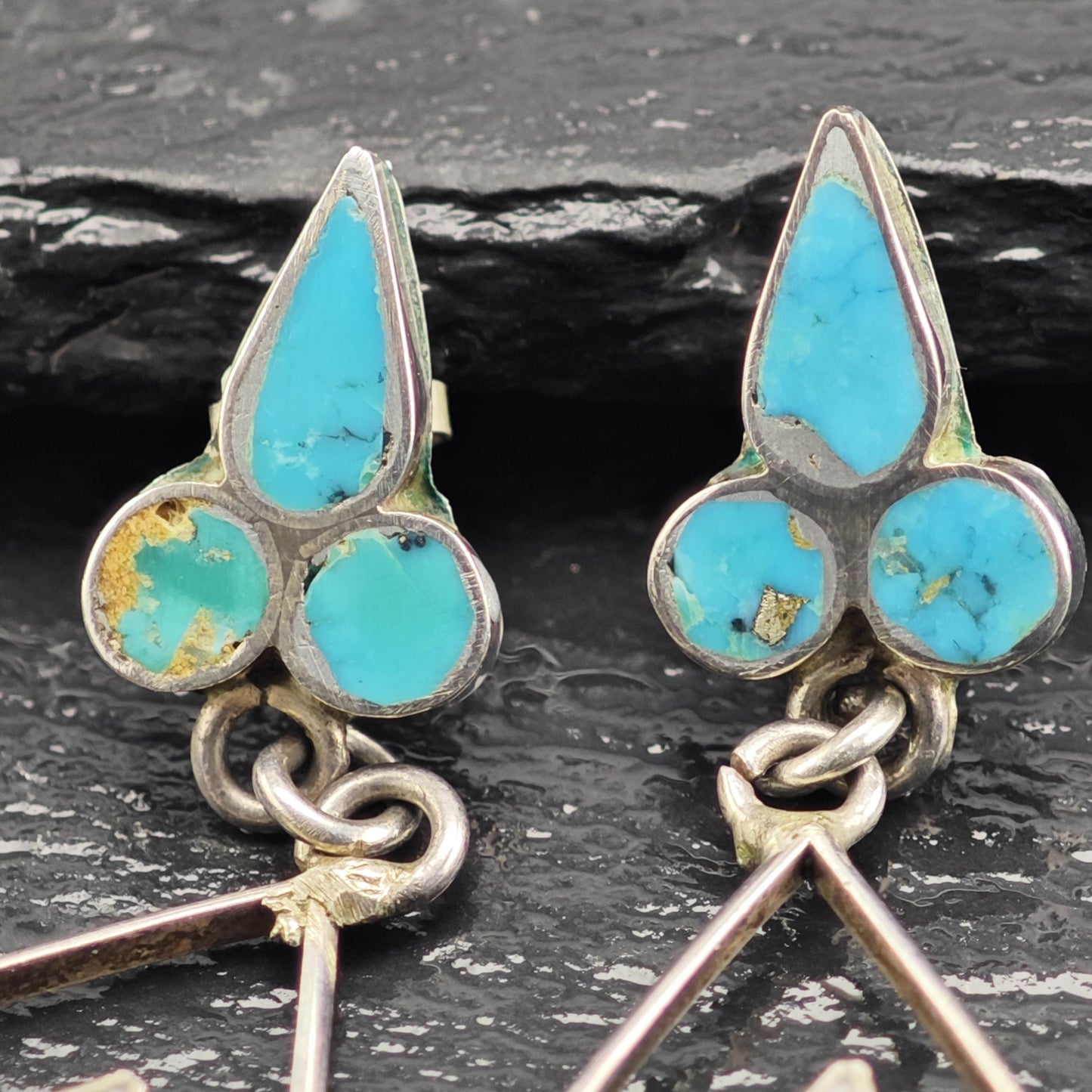 Vintage Zuni, Native American Turquoise Inlay Stud Sterling Silver Earrings ER3172