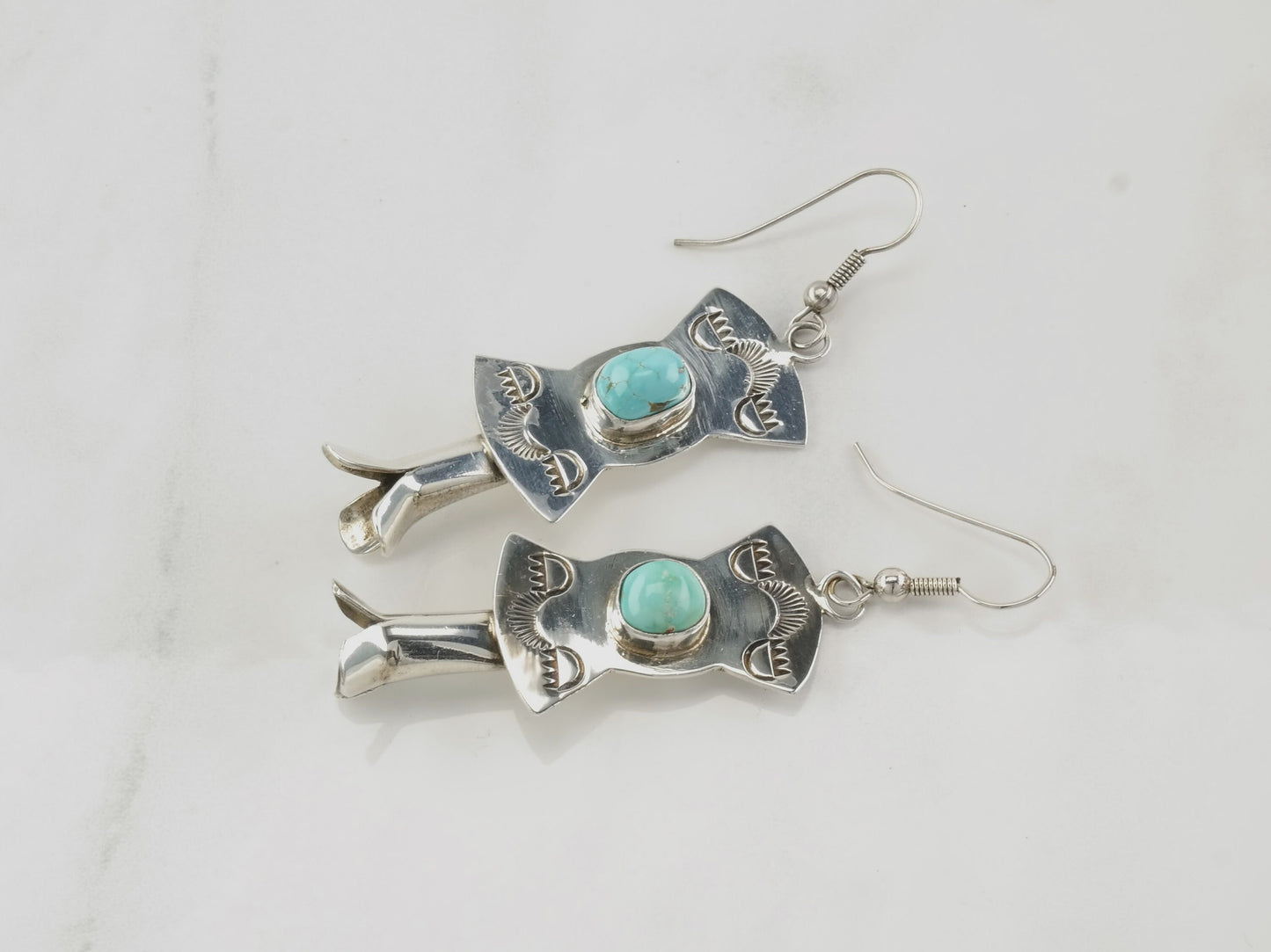 Southwest Sterling Silver Blue #8 Turquoise, Blossoms Turquoise Earrings Fish Hooks