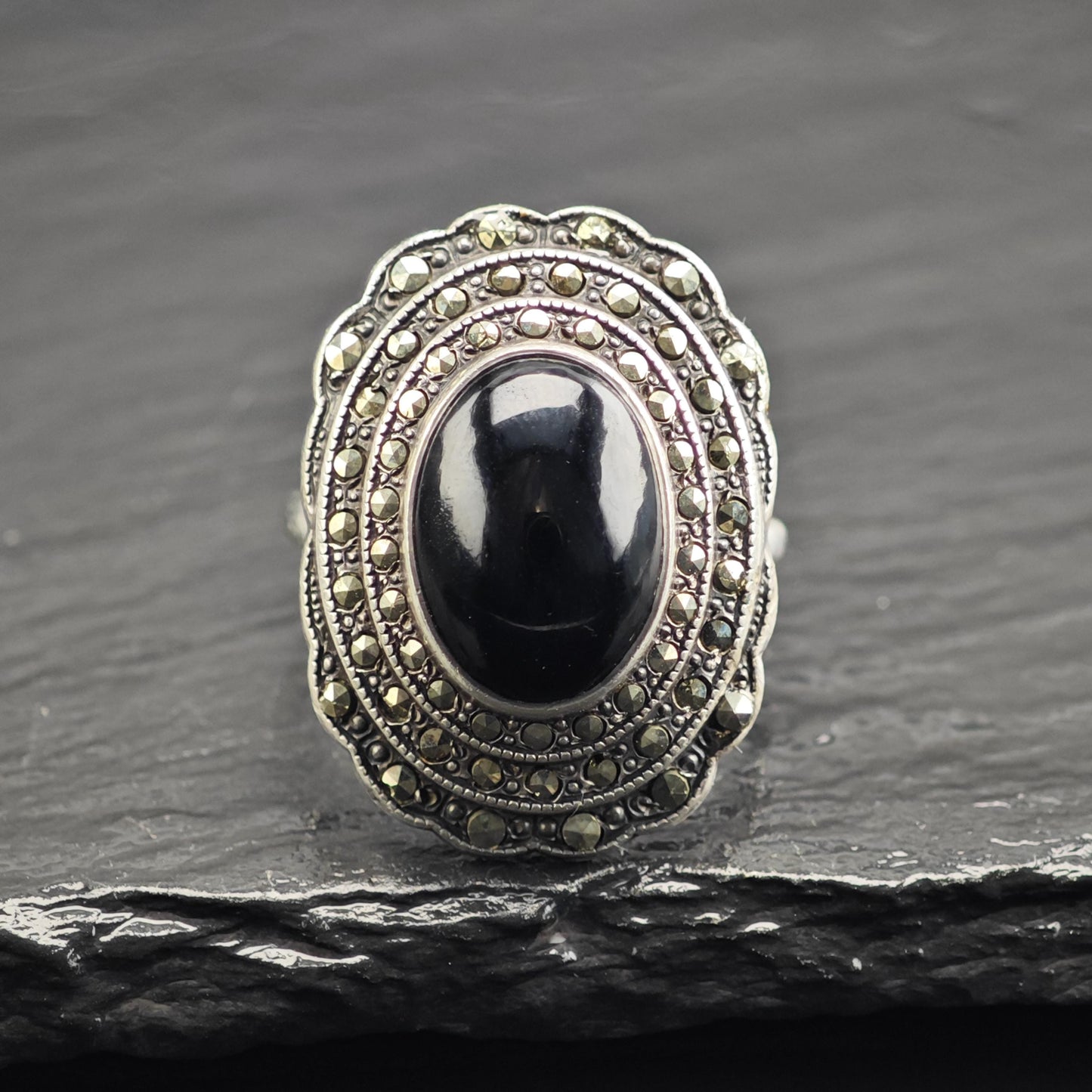 Large Art Deco Onyx Cabochon Sterling Silver Ring Sz 6 3/4 R6707Dor