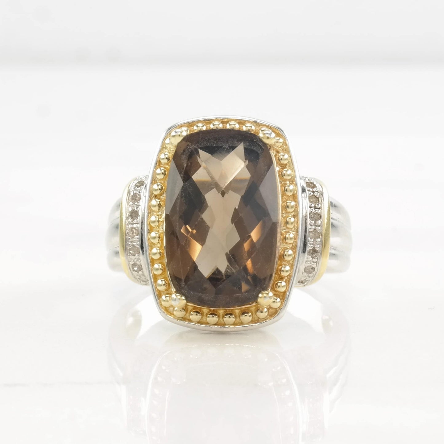 Vintage Designer Ring Smoky Quartz, Diamond Gold Tone Accent Sterling Silver Size 10