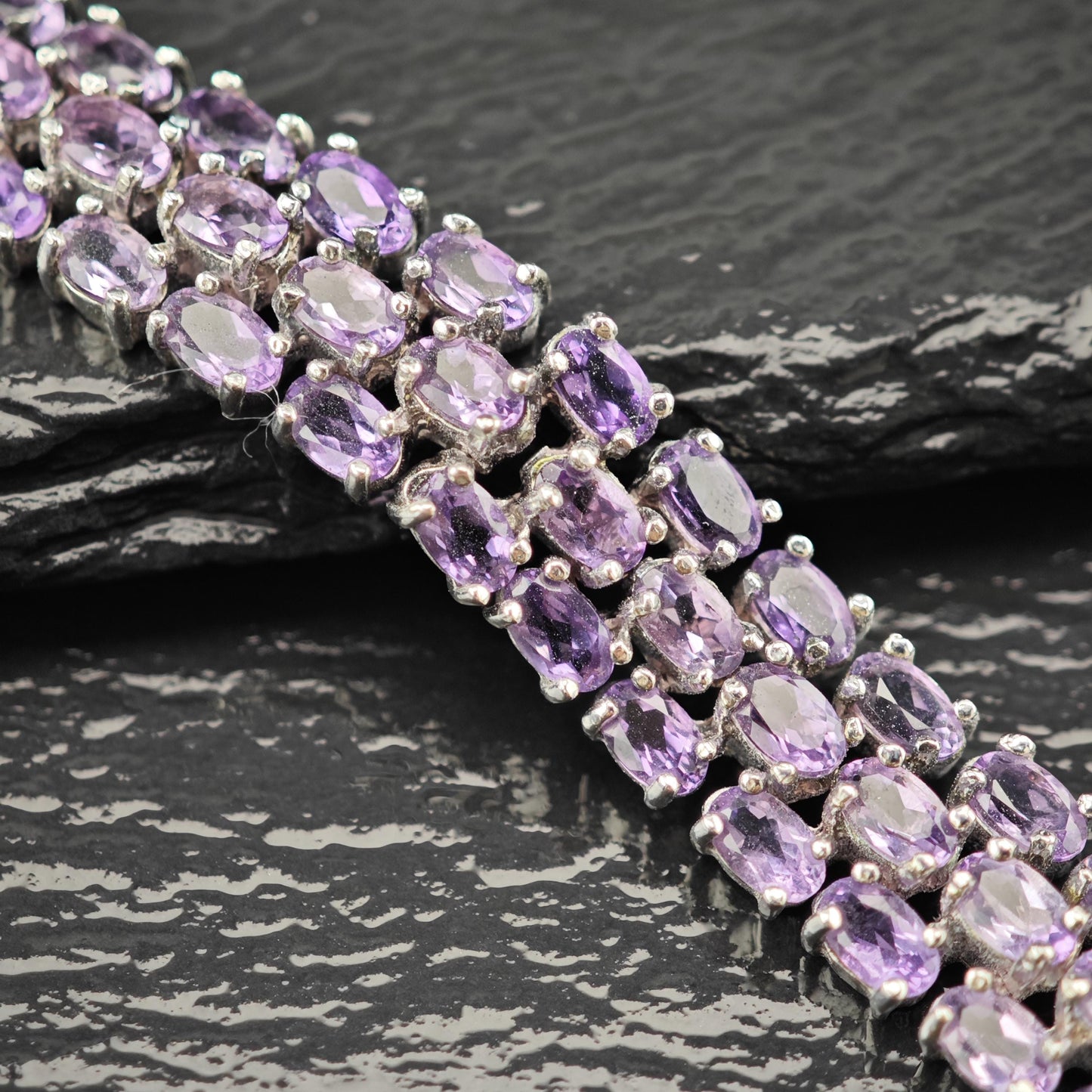 Amethyst Triple Strand Line Bracelet Sterling Silver Size 7"