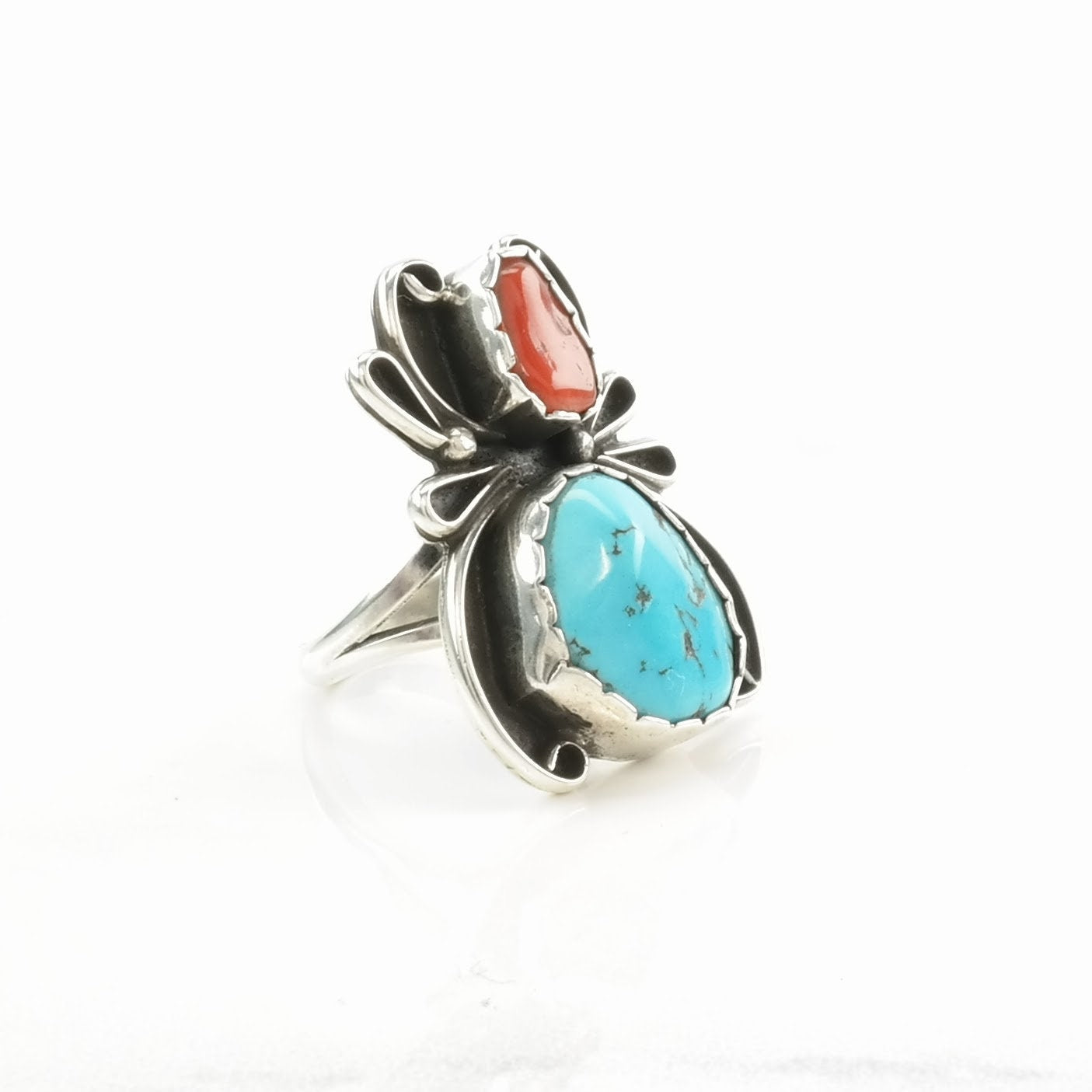 Native American Silver Ring Turquoise, Coral Spider Sterling Blue, Red Size 6 1/2