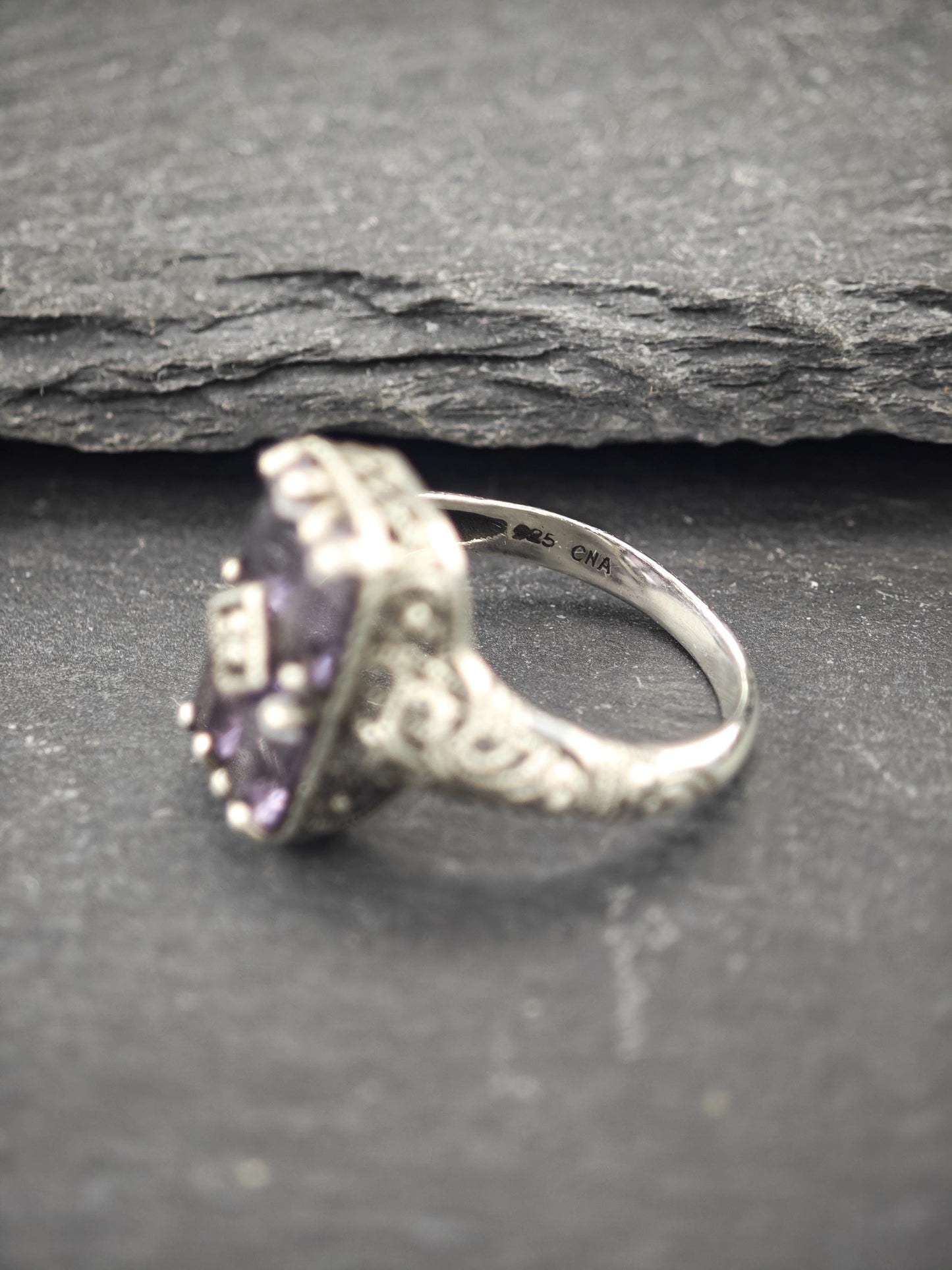 Art Deco Style Amethyst, Diamond Chip Ring Sterling Silver