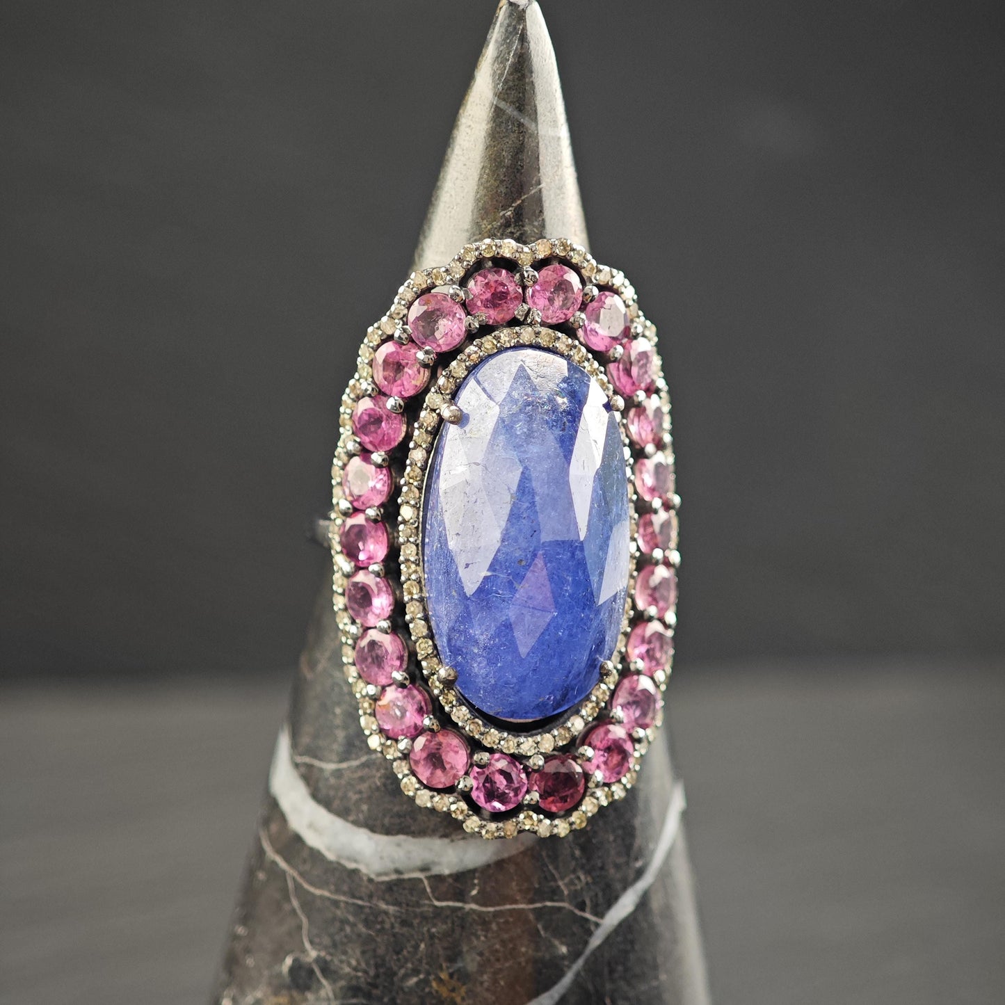 Lg Tanz Dia Ring with Tourmaline in Oxidized Silver R5805