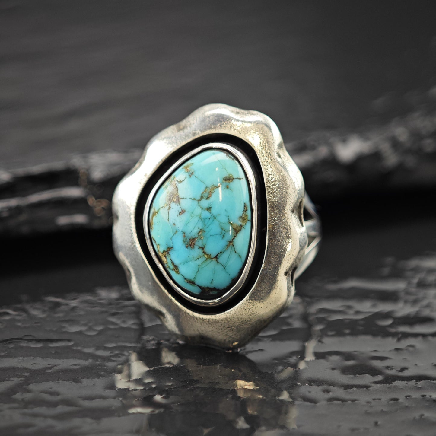 Native American Spiderweb Turquoise Shadowbox Ring Sterling Silver Size 5 3/4