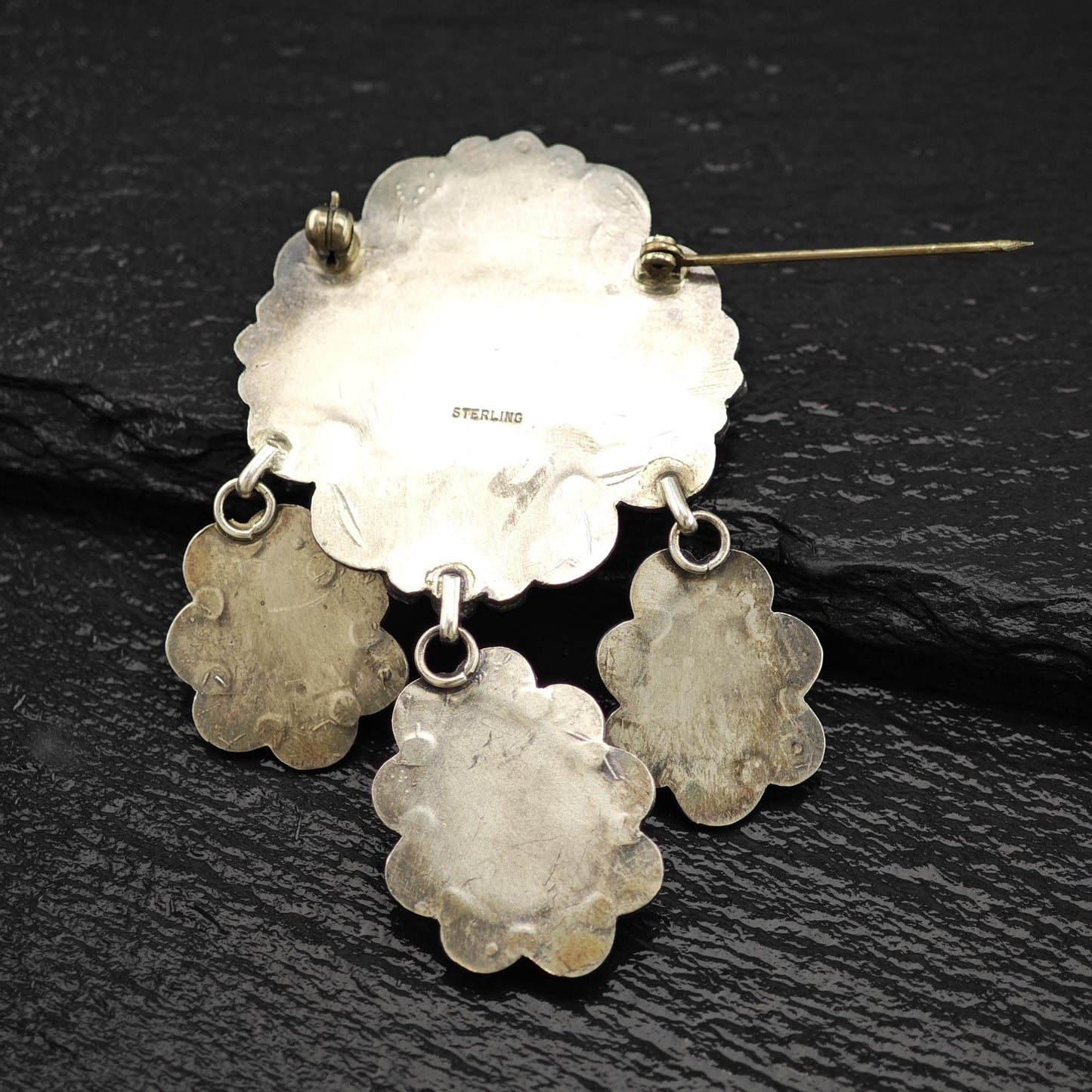 Native American Turquoise Brooch, Floral Stamped Sterling Silver