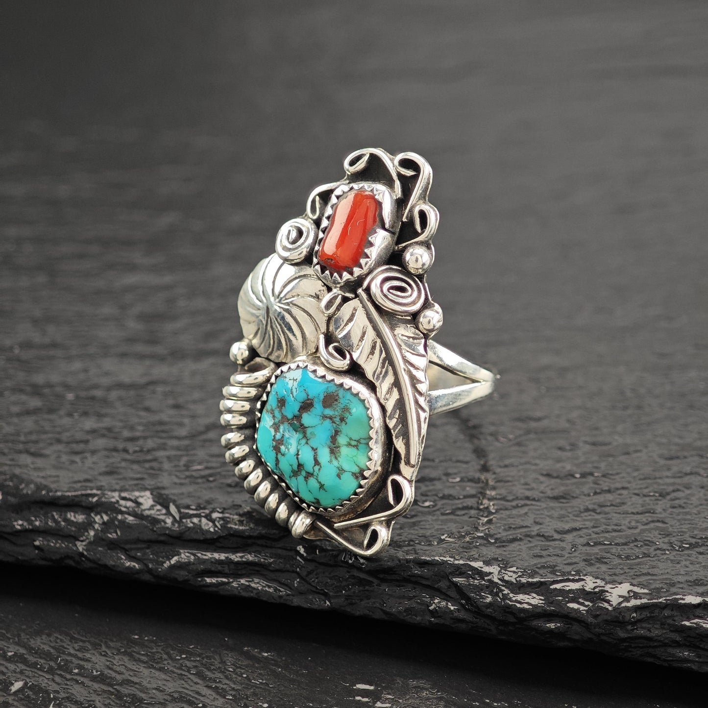 Native American Turquoise Coral Ring Sterling Silver R5825