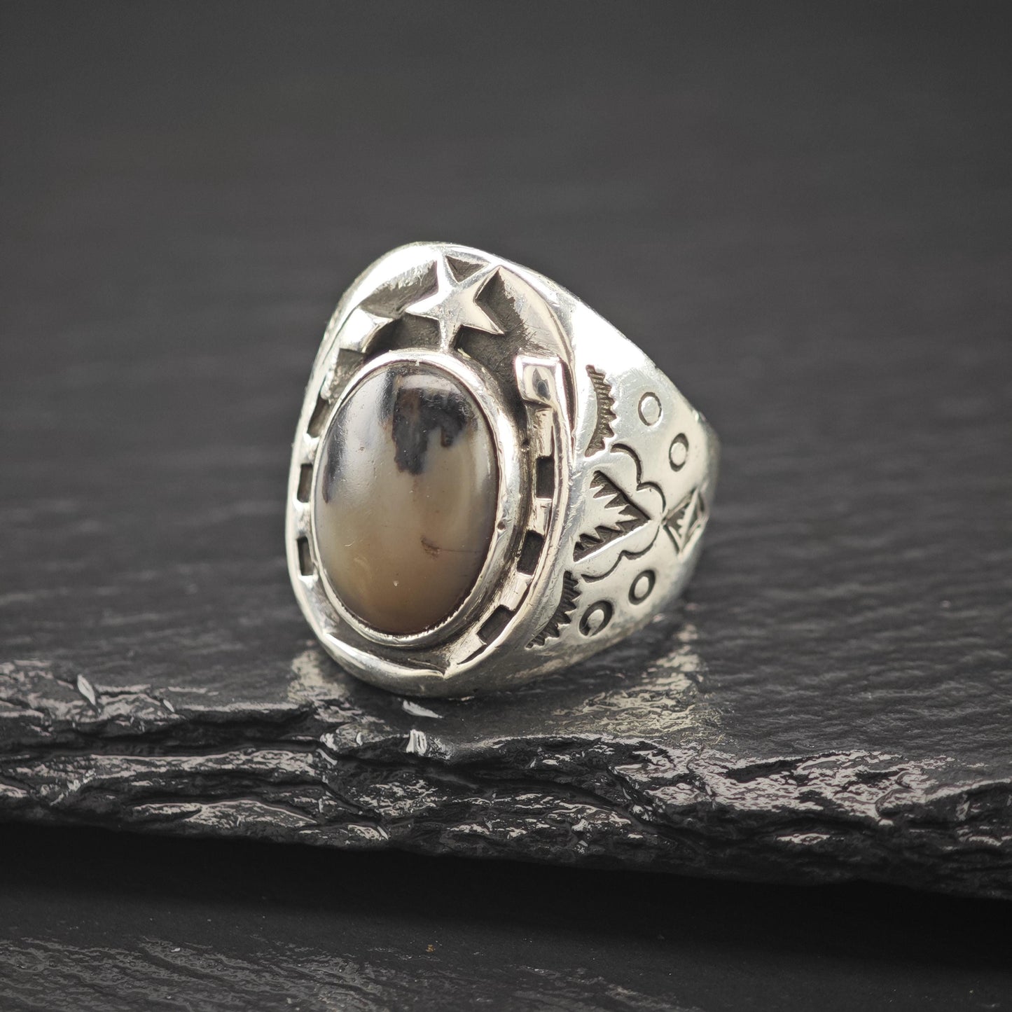 Sterling Bell Horseshoe Silver Ring Petrified Wood