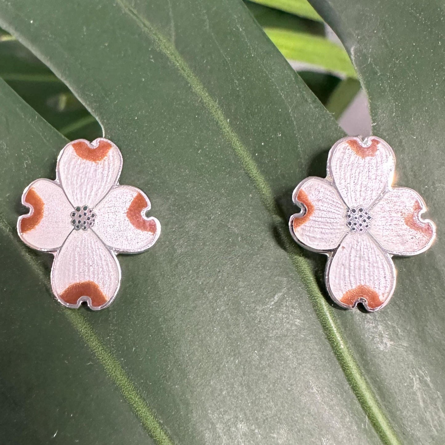 Vintage White, Brown Enamel Flower, Sterling Silver Screw Back Earrings