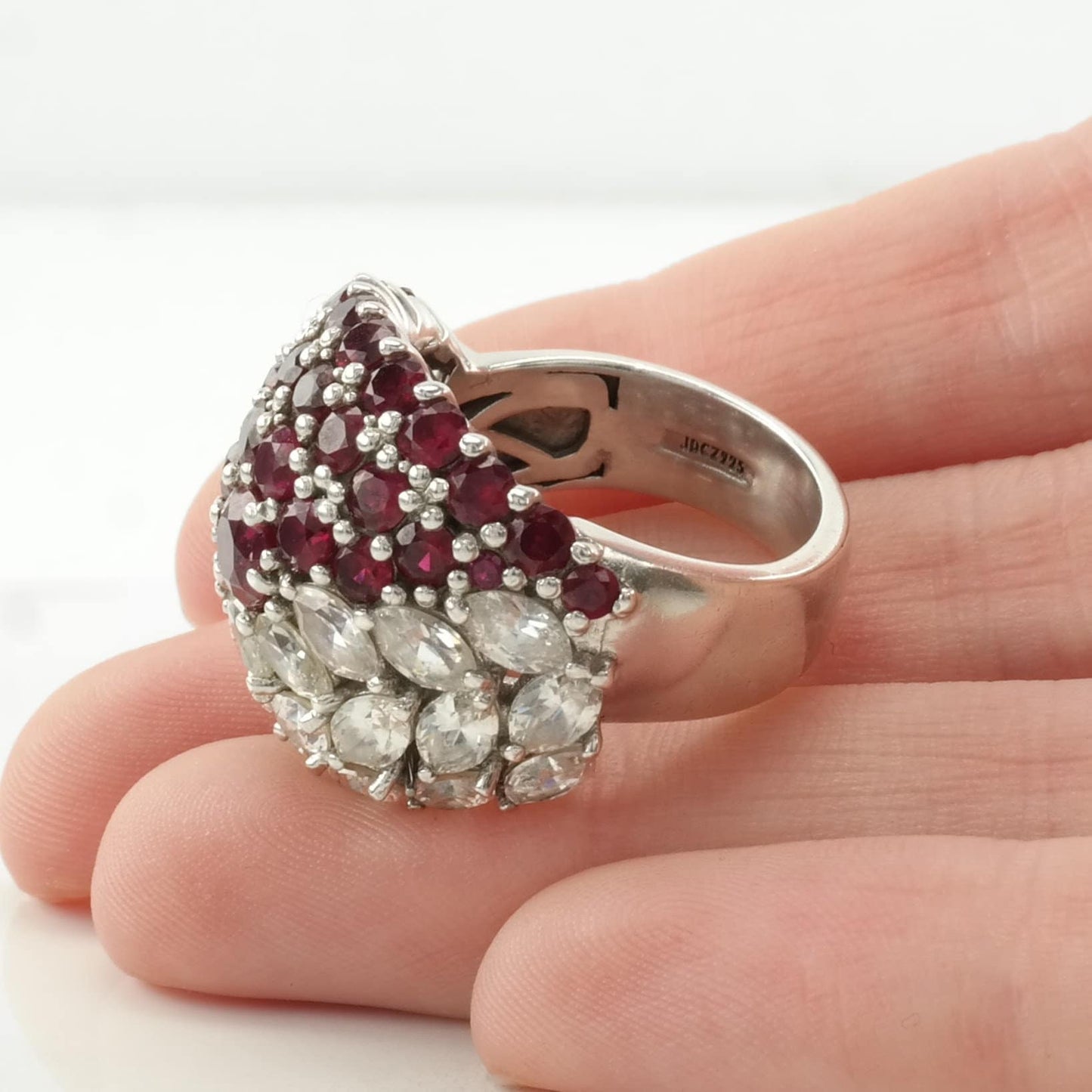 Sterling Silver Ring Lab Ruby, CZ Cluster Pink Size 7