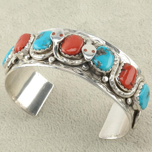 Zuni Snake Cuff Bracelet Native American Sterling Silver Sleeping Beauty Turquoise Mediterranean Coral