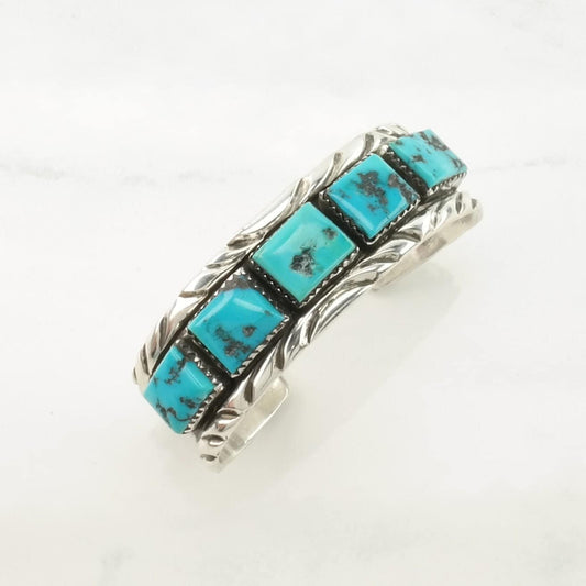 Vintage Native American Sterling Silver Cuff Bracelet Blue Turquoise 5 Stone