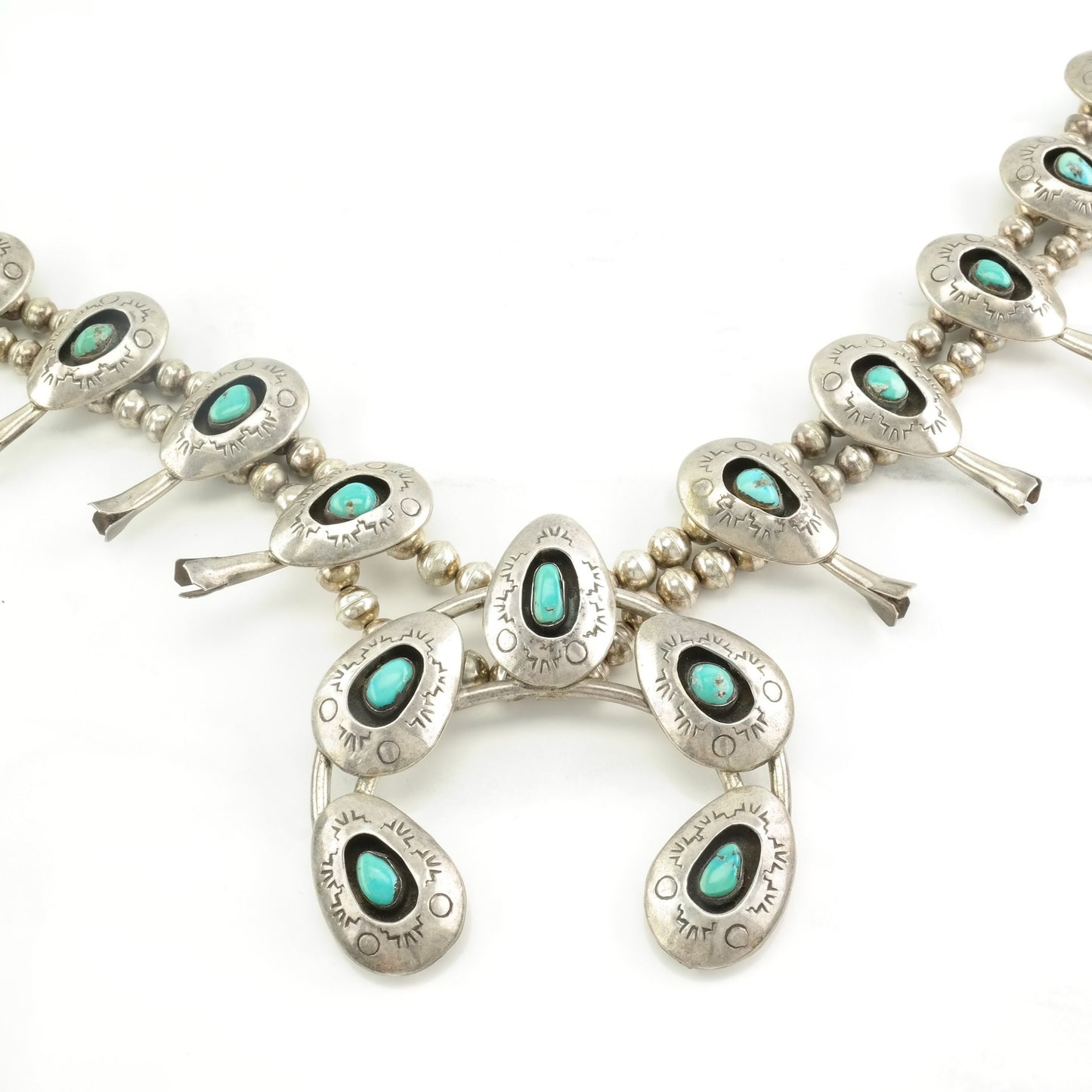 Native American Sterling Silver Blue Turquoise Stamped, Shadow Box Necklace