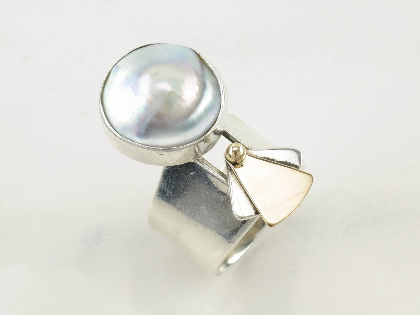 Modernist Silver Ring Pearl Two tone Sterling Size 6 1/2