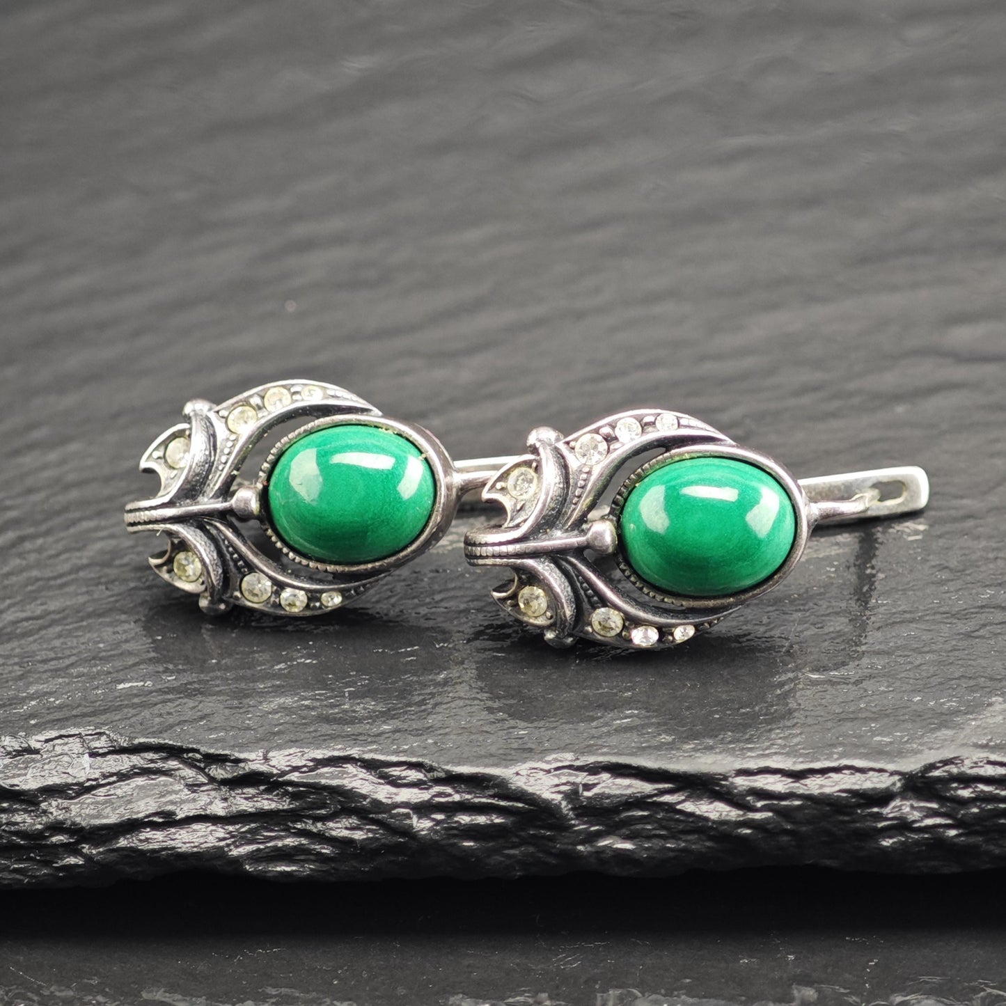 European, Art Deco St Green Malachite Rhinestone Sterling Silver Latch Earrings ER3118