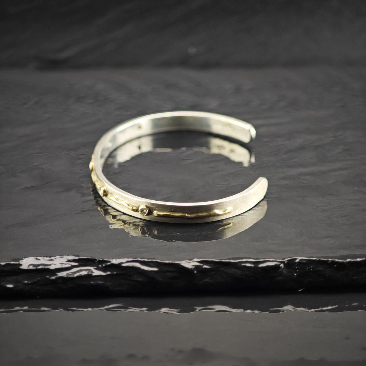 Artist Signed Diamond 14K Gold Accent, Thin Sterling Silver Cuff Bracelet Sz 6 1/4" BR3174
