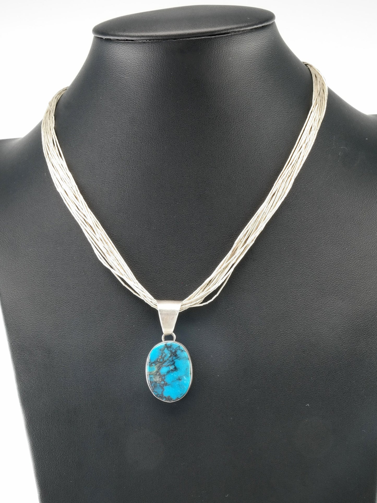 Vintage Native American Blue Turquoise, Pendant Liquid Sterling Silver Necklace