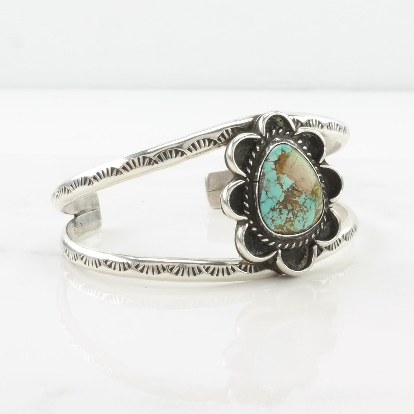 Southwest Sterling Silver Cuff Bracelet Blue Turquoise Floral