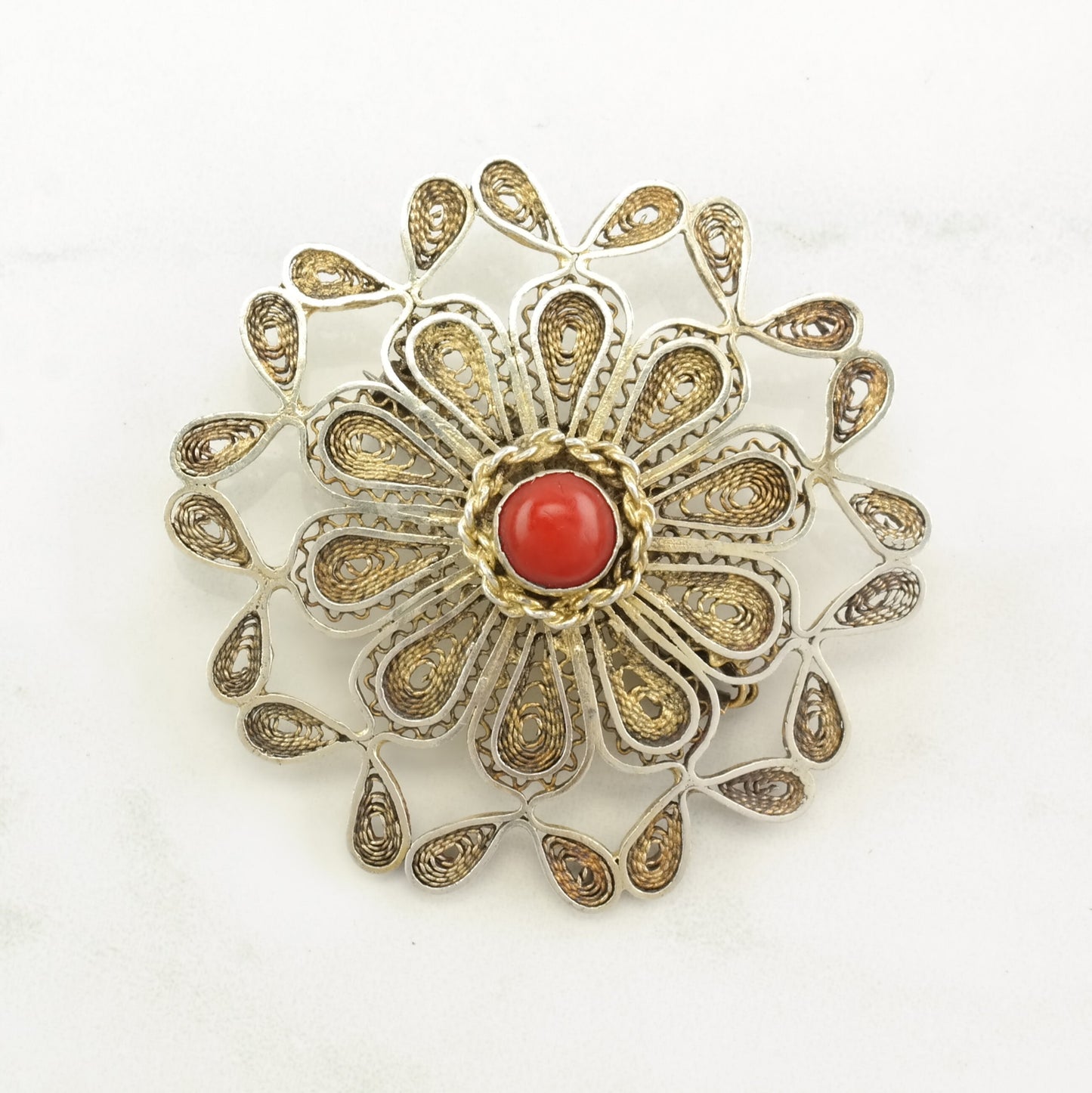 Israeli Sterling Silver Brooch Filigree, Gold Tone Coral