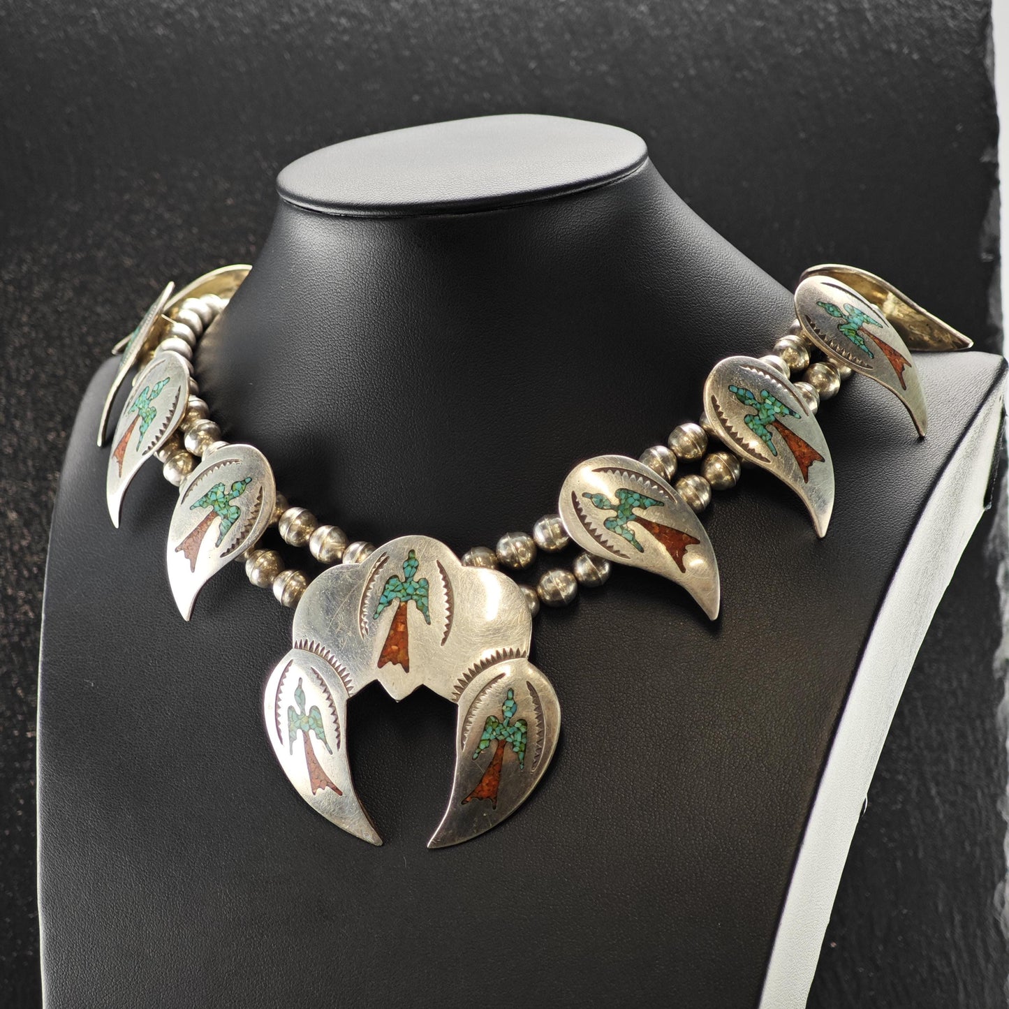 Navajo Turquoise Coral Chip Inlay Peyote Bird Squash Blossom Necklace Sterling Silver N2662