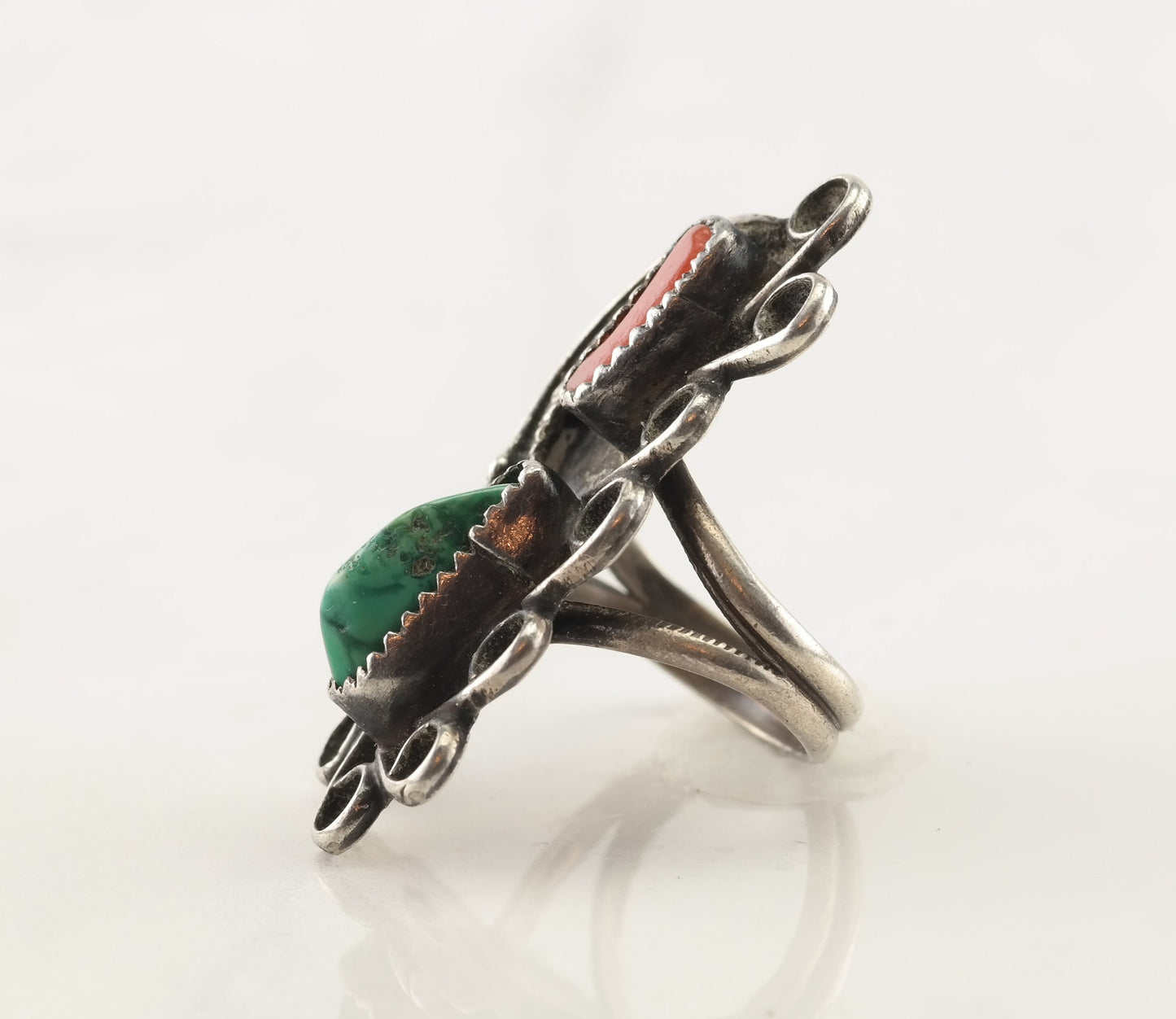 Native American Silver Ring Turquoise, Coral Sterling Size 6 1/2