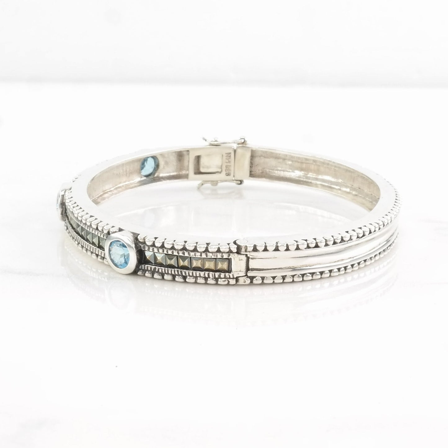 Sterling Silver Bangle Bracelet Blue Topaz Marcasite