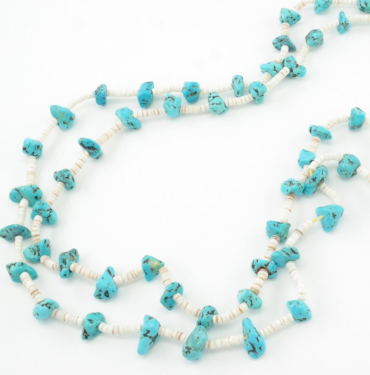 Sw Turquoise, Coral, Shell, Two Strand, Heishi Sterling Silver Bead Necklace N1626
