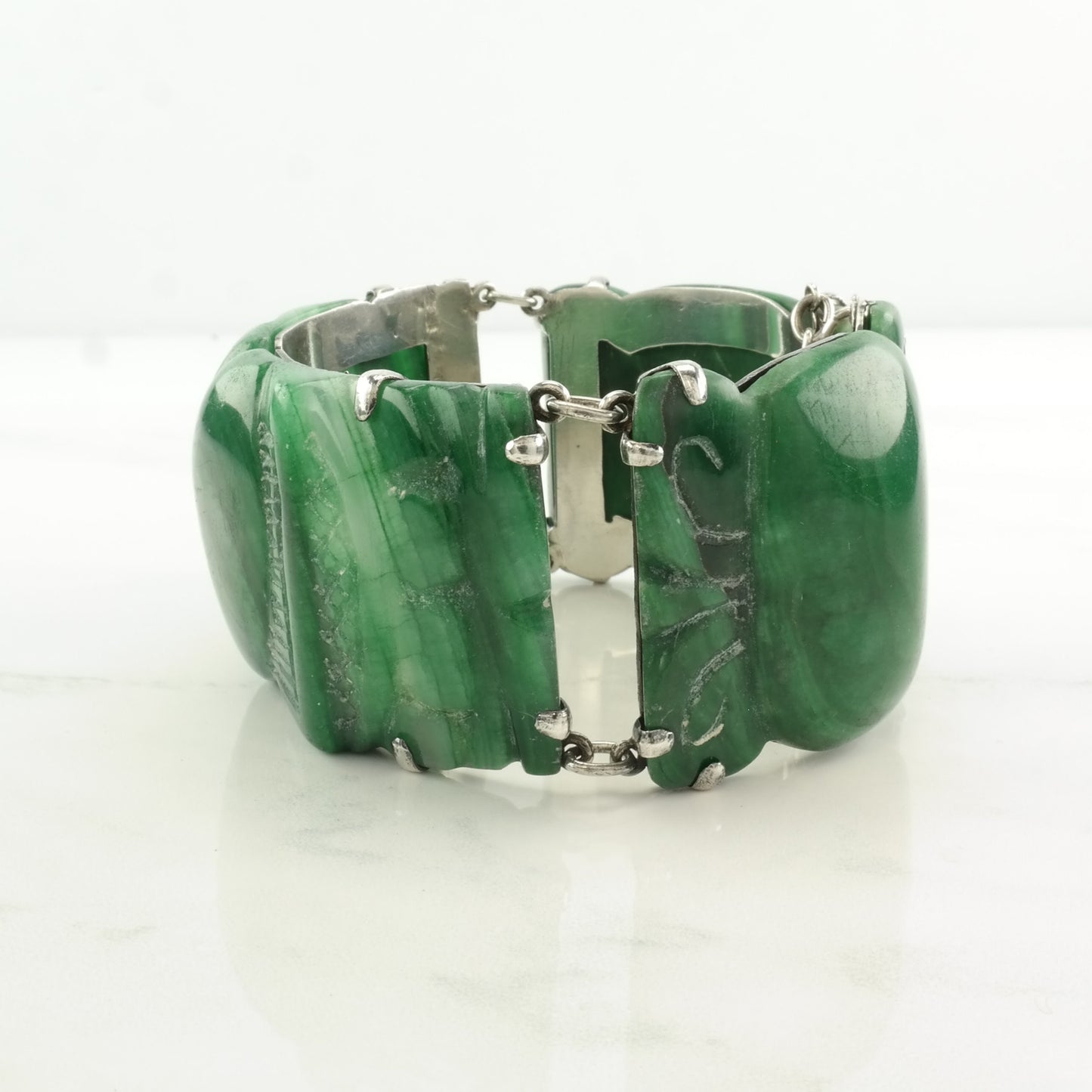 Mid Century Sterling Silver Link Bracelet Green Carved, Peruvian Jade Heart