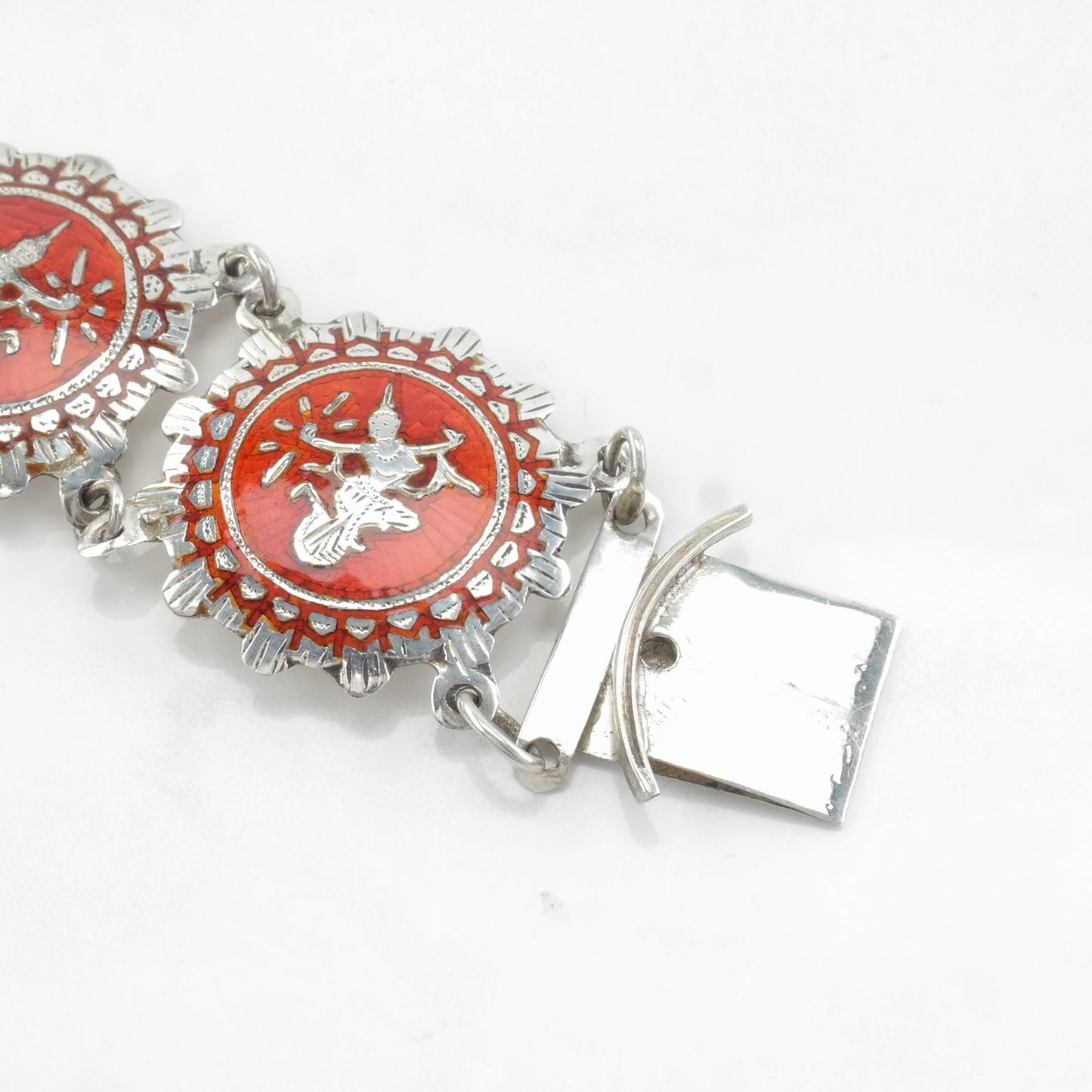 Vintage Red Niello Siam Bracelet Sterling Silver Link Enamel Dancer, Goddess