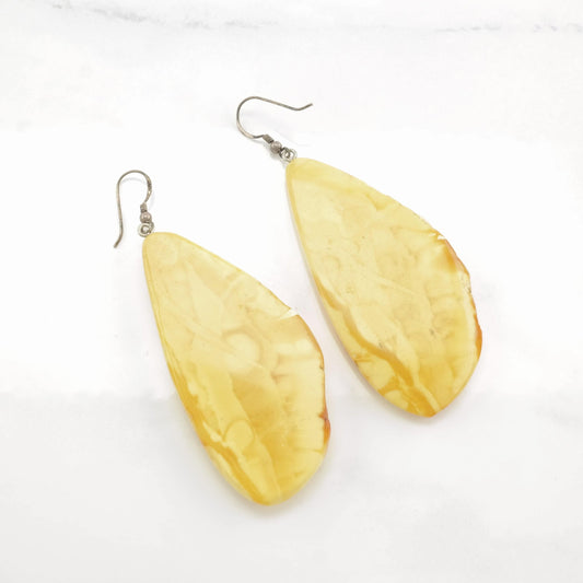 Boho Sterling Silver Yellow Butterscotch Amber Earrings Fish Hook, Dangle