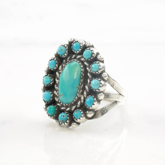 Native American Ring Turquoise Cluster Sterling Silver 5 3/4