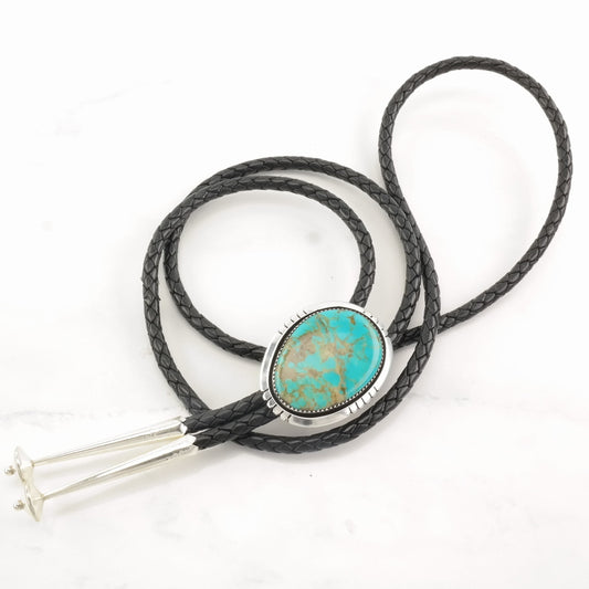 Vintage Native American Sterling Silver Blue Turquoise, Spiderweb Oval Bolo Tie Necklace