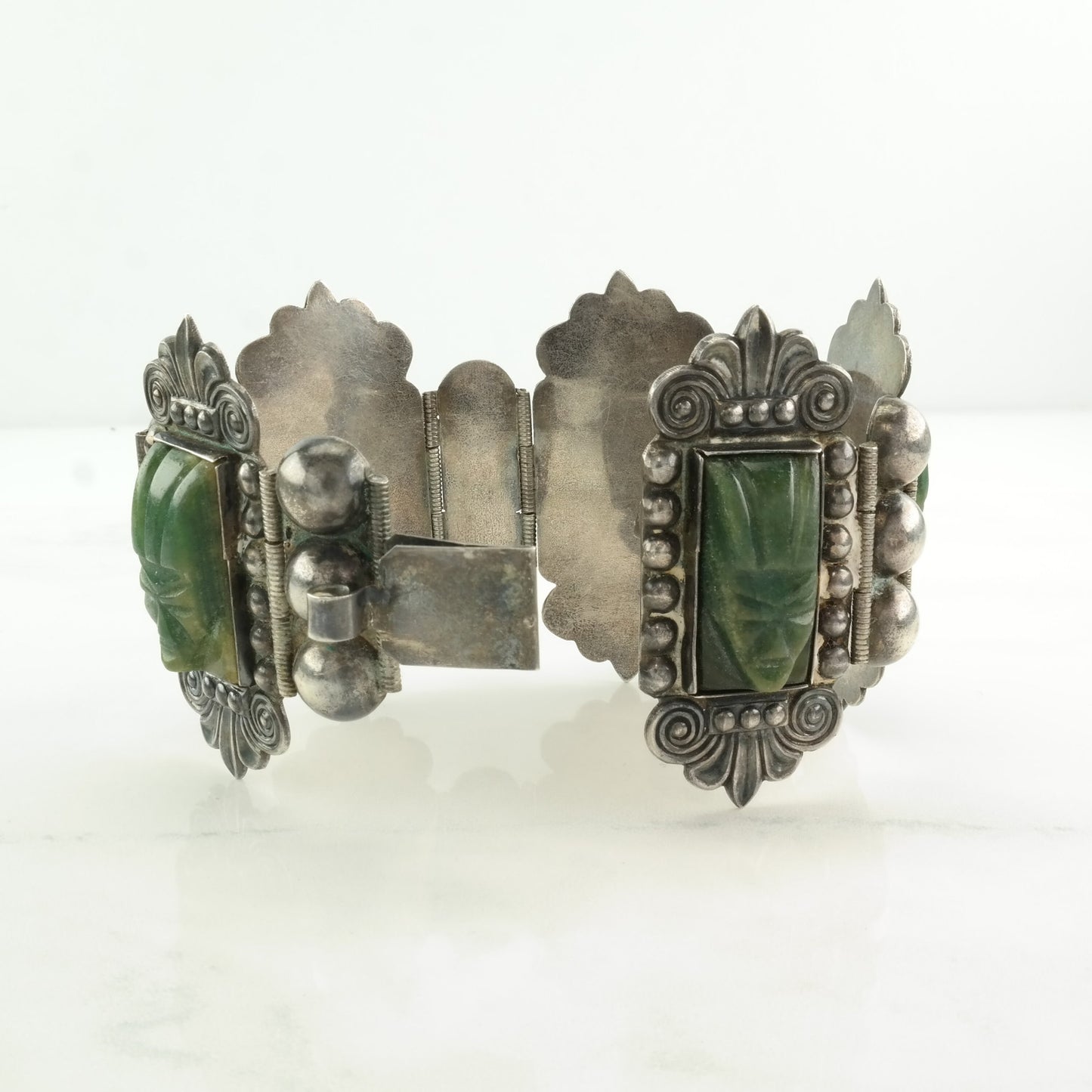 Taxco Sterling Silver Link Bracelet Green Guatemalan Jade Carved, Aztec Faces