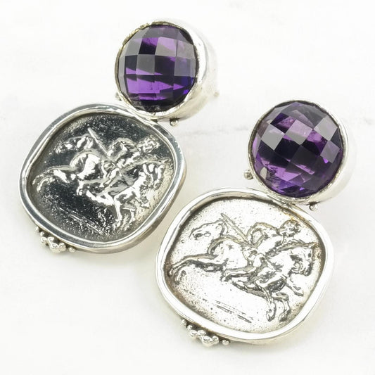 Vintage Sevan Stud Dangle Earrings Equestrian Sterling Silver Purple Amethyst Polo Rider