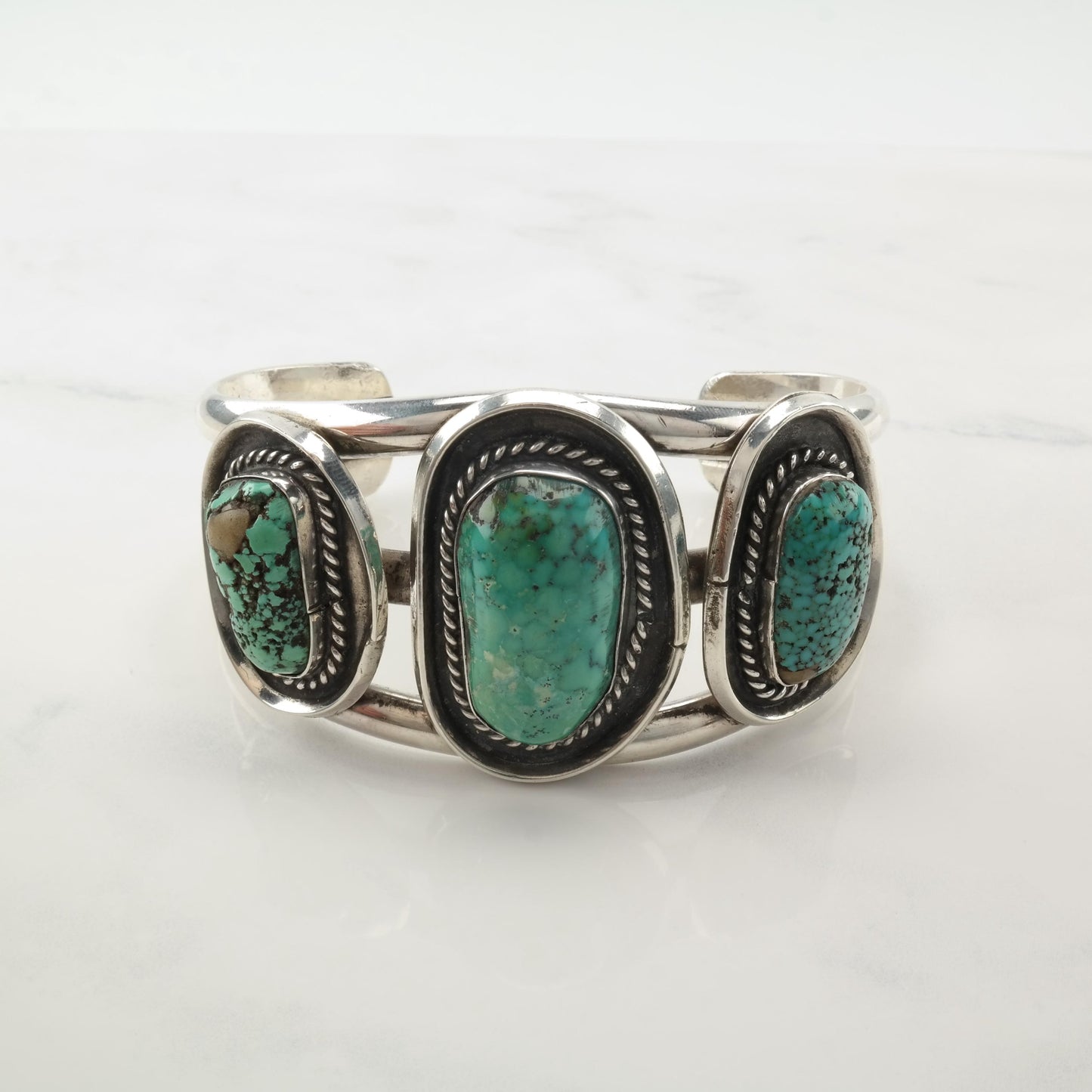 Native American Turquoise Cuff Bracelet Sterling Silver Green Spiderweb Waterweb