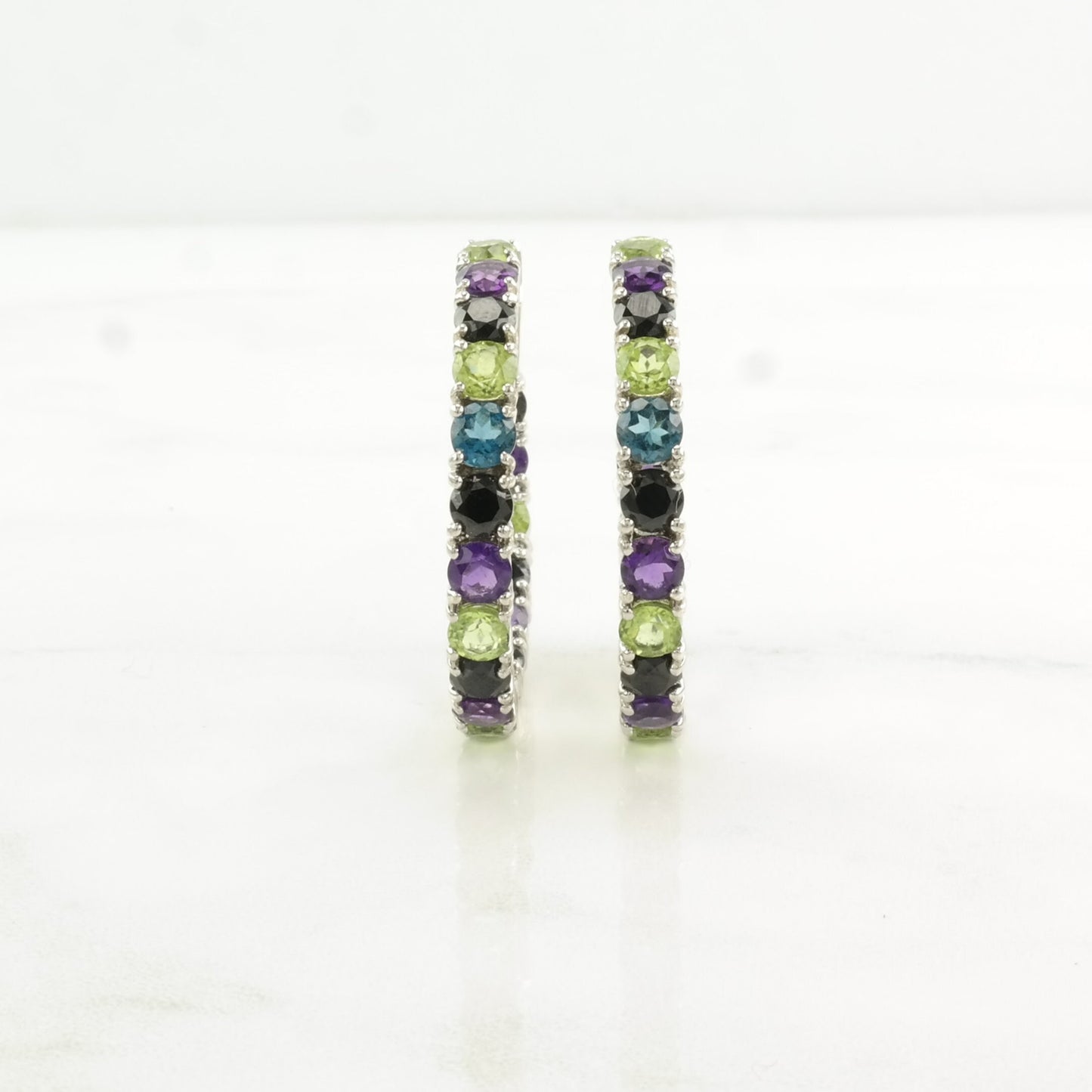 Sterling Silver Amethyst, Onyx, Peridot, Topaz Earrings Hoop