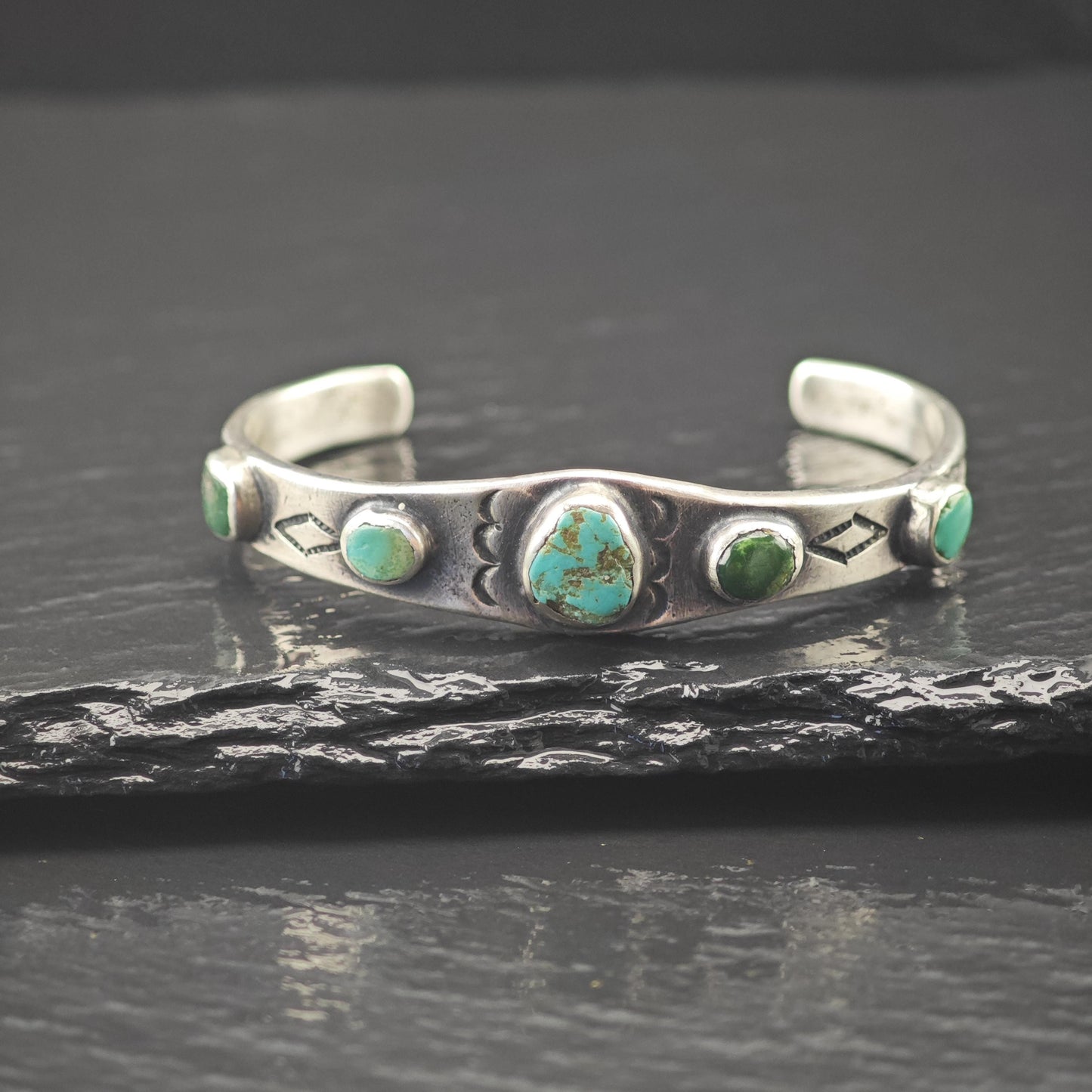 Early 1930's Ingot Silver Child Cuff Bracelet Native American Green Turquoise