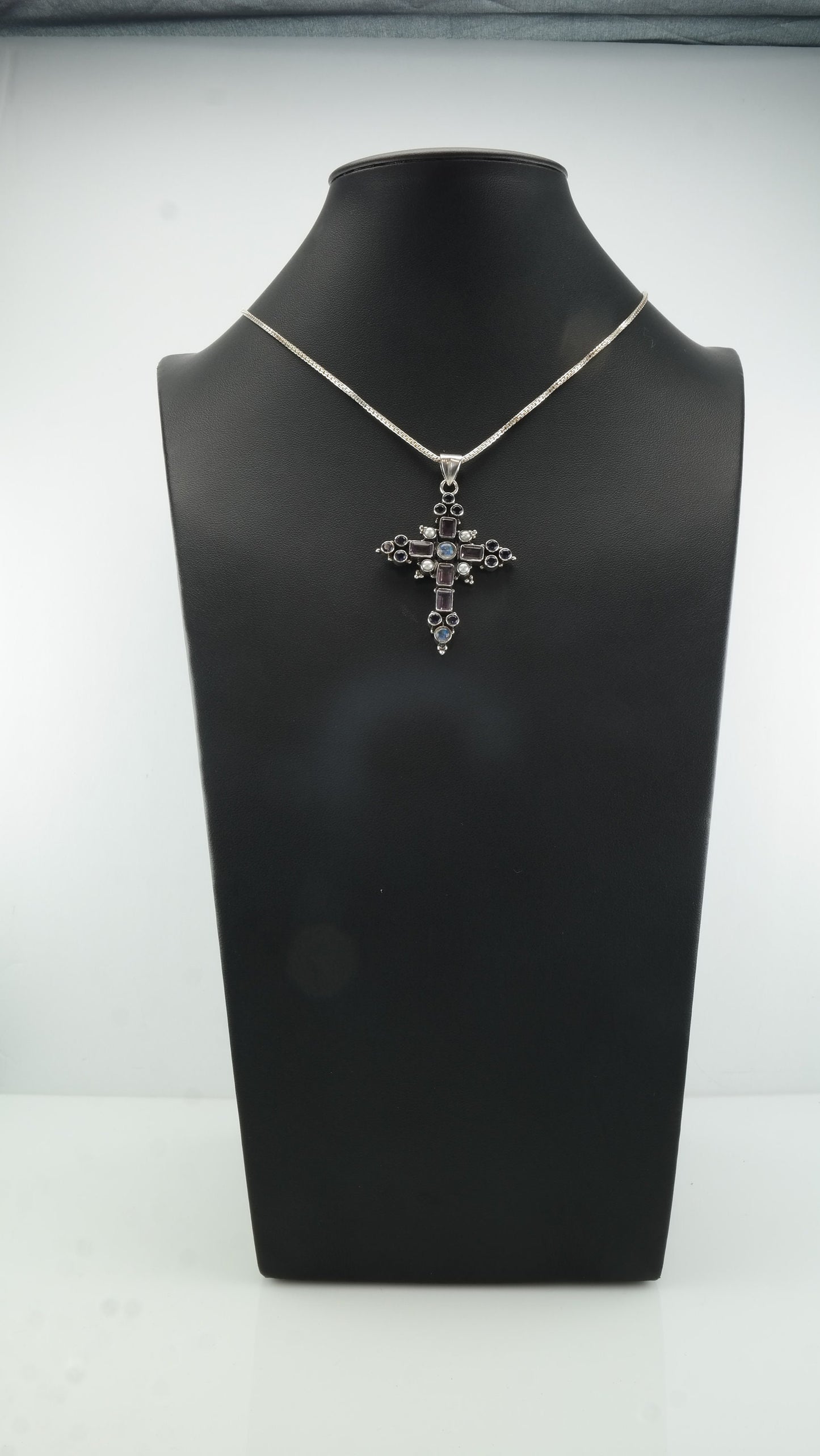 Vintage Nicky Buttler Sterling Silver Iolite Amethyst Moonstone Pearl Ornate Cross Necklace