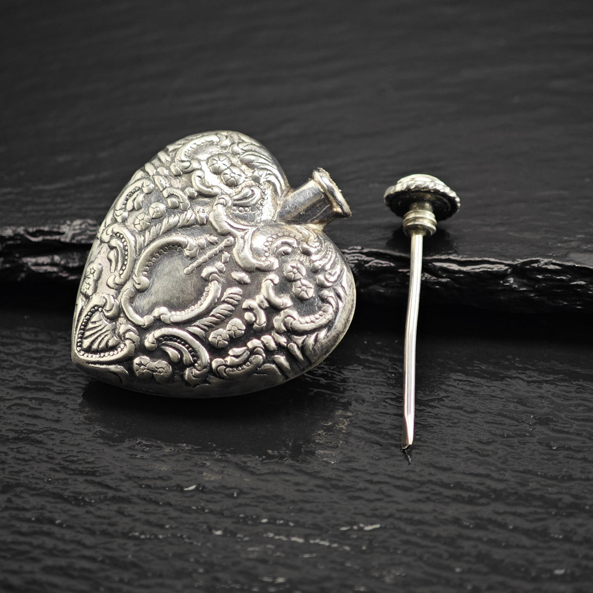 Art Nouveau Repousse Heart Shaped Sterling Silver Posion Bottle MISC0405