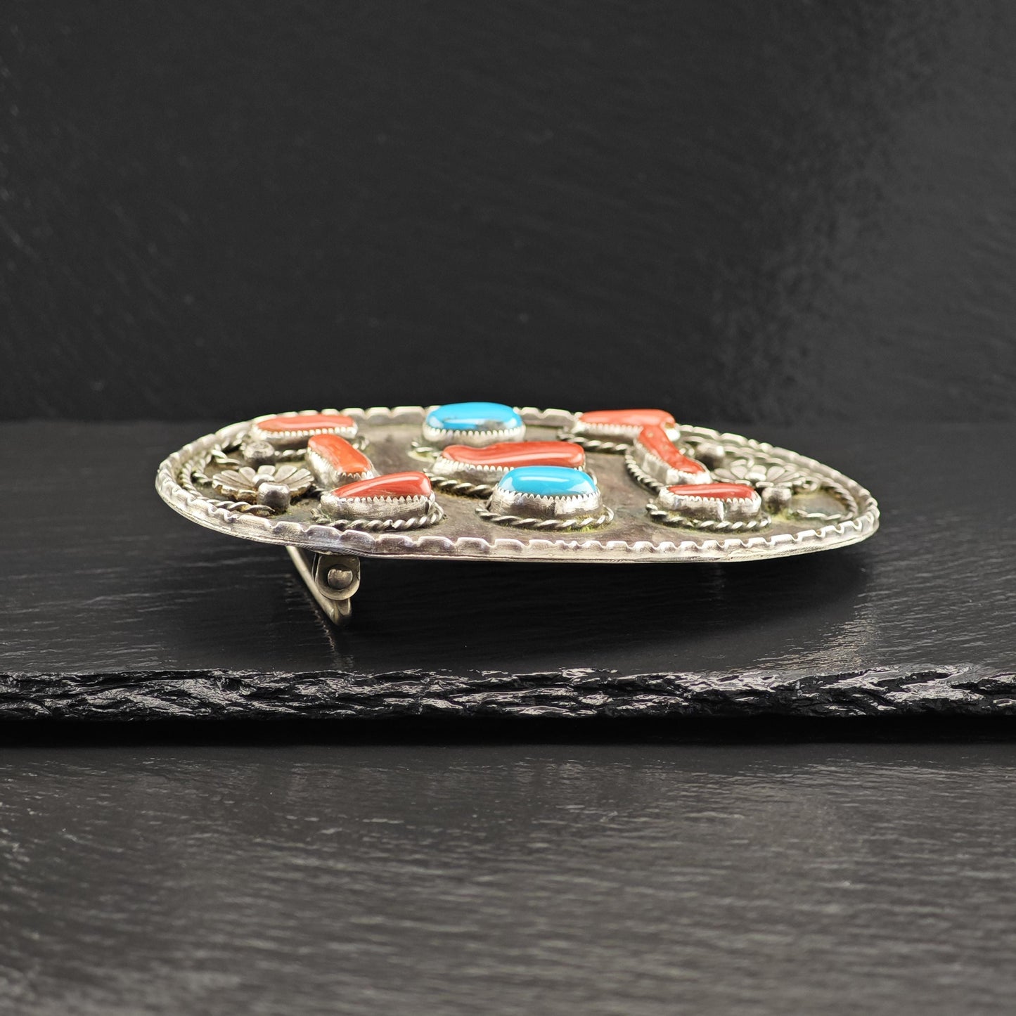 Large Sterling Silver Belt Buckle with Turquoise Coral Floral Design Native American Style
