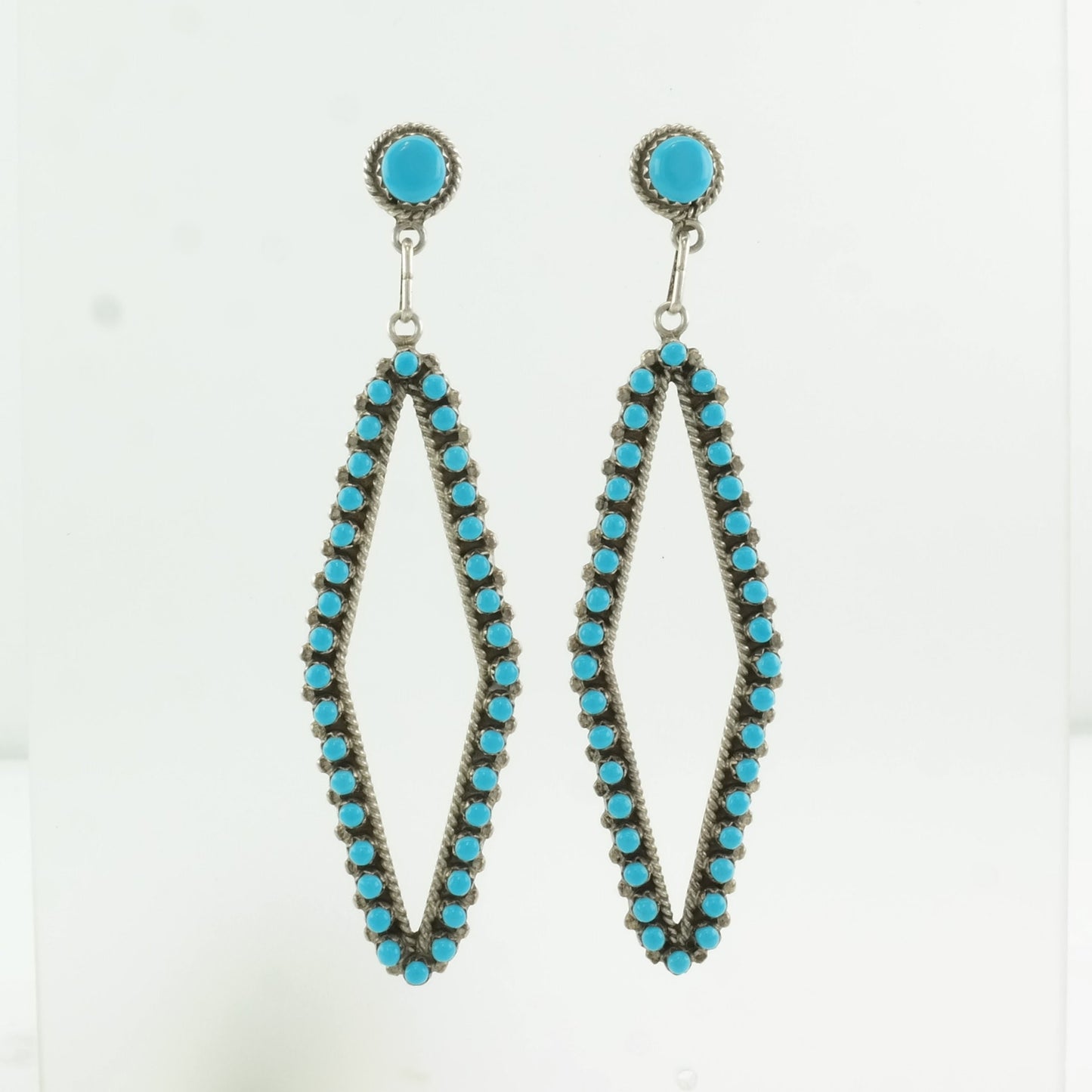 Native American Sterling Silver Blue Turquoise Petit Point, Long Earrings Stud, Dangle