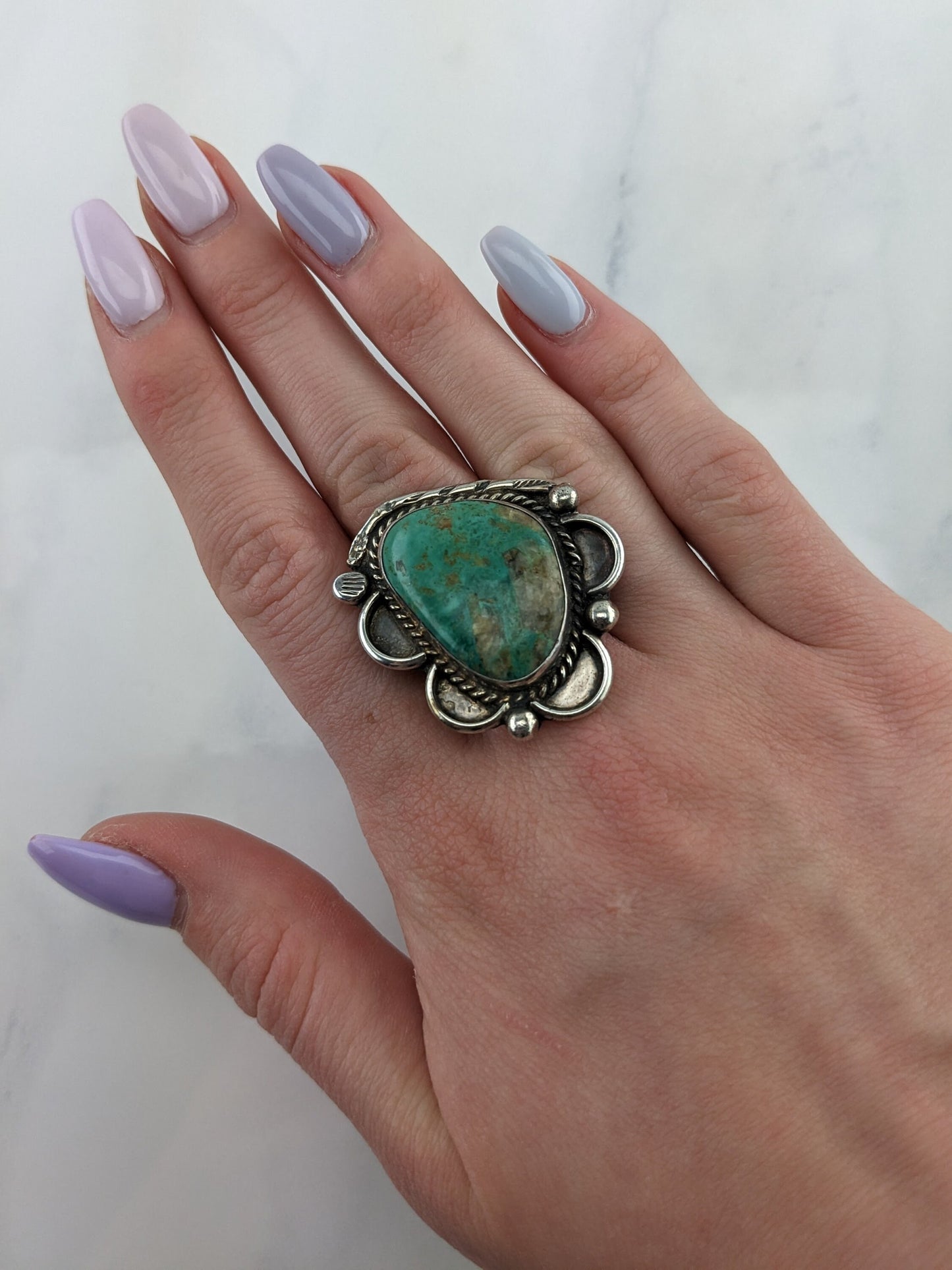 Native American Silver Ring Turquoise Sterling Green Size 8 1/4